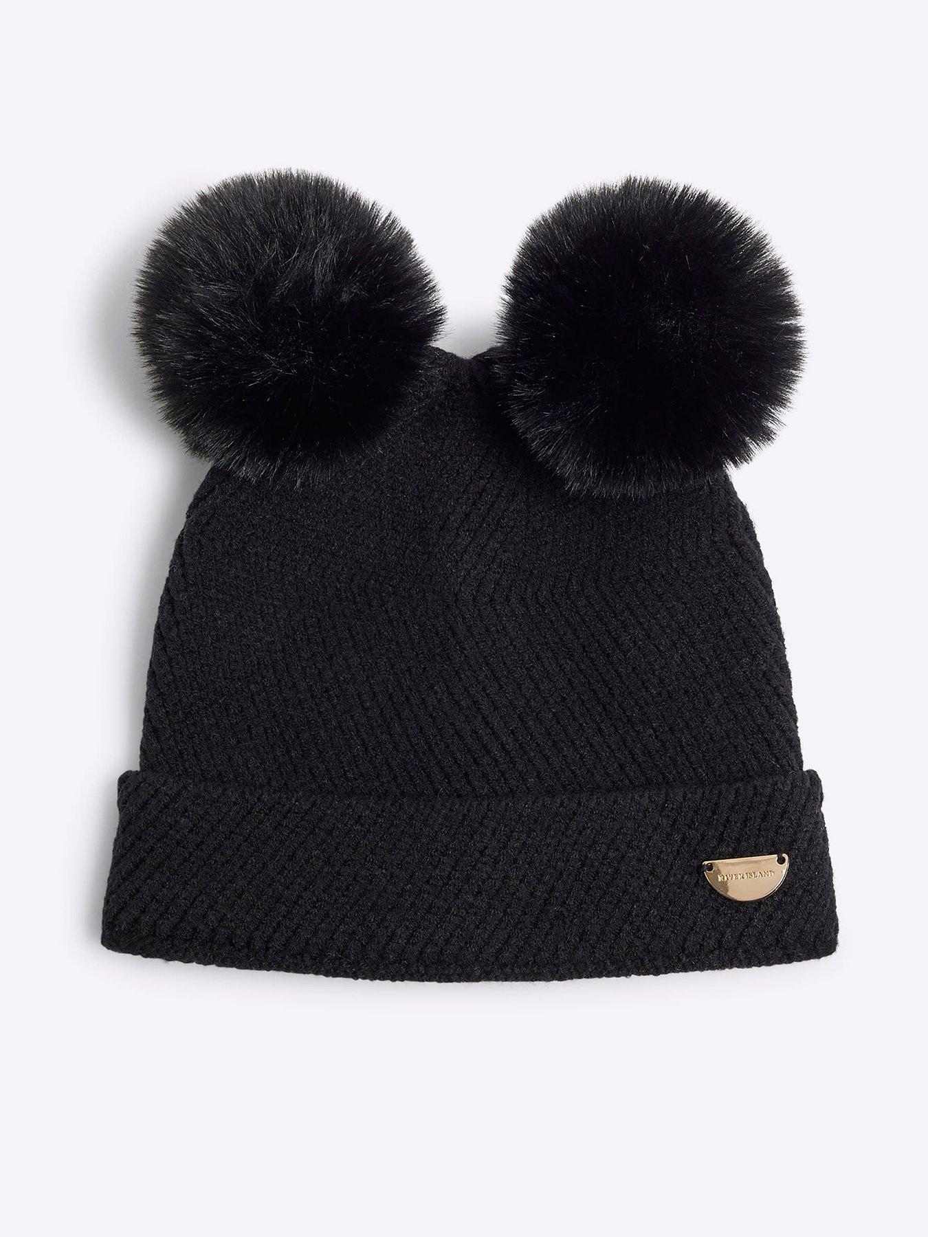 Image 1 of 3 of River Island Mini Mini Girls Double Pom Beanie - Black
