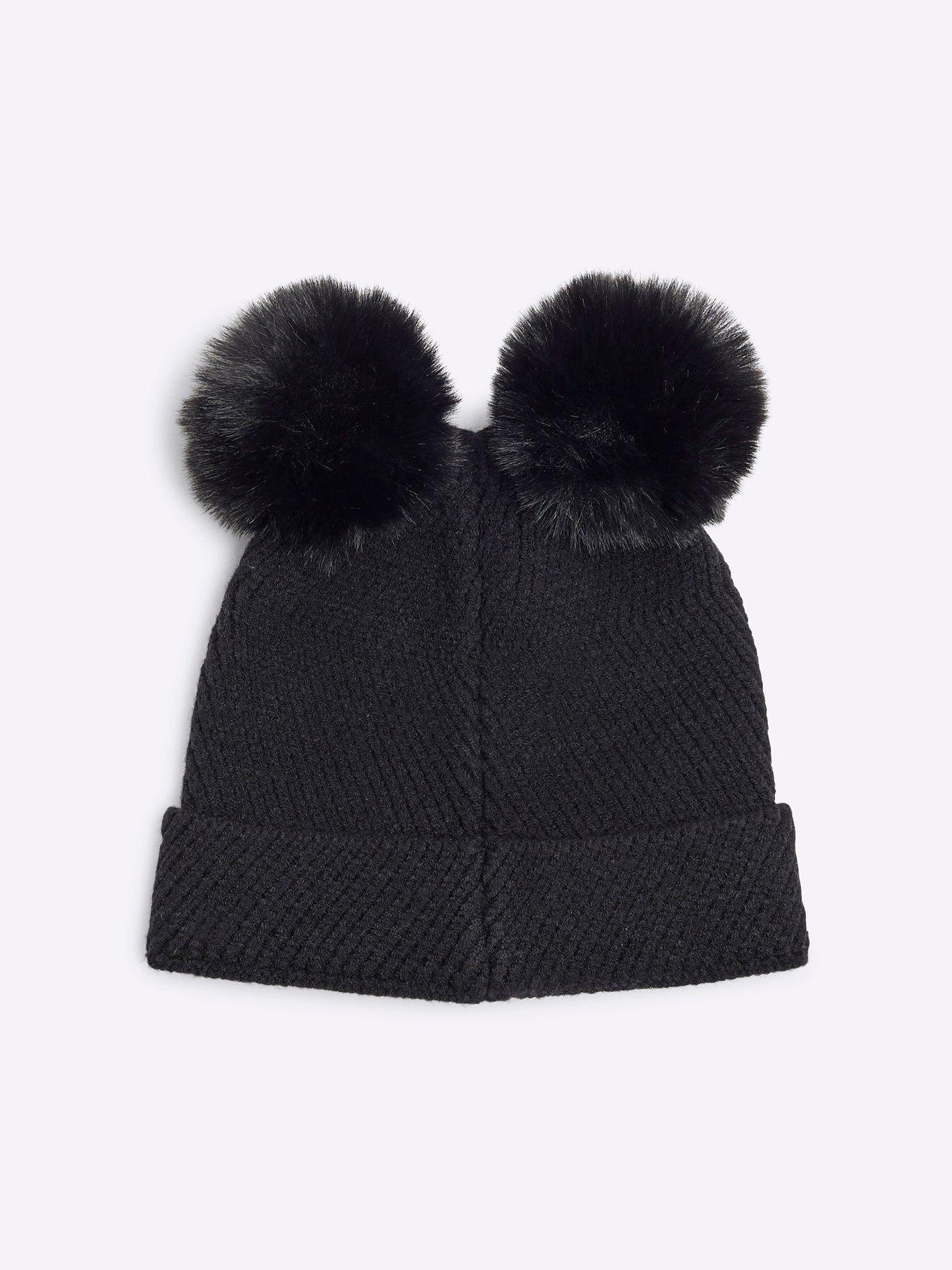 Image 2 of 3 of River Island Mini Mini Girls Double Pom Beanie - Black