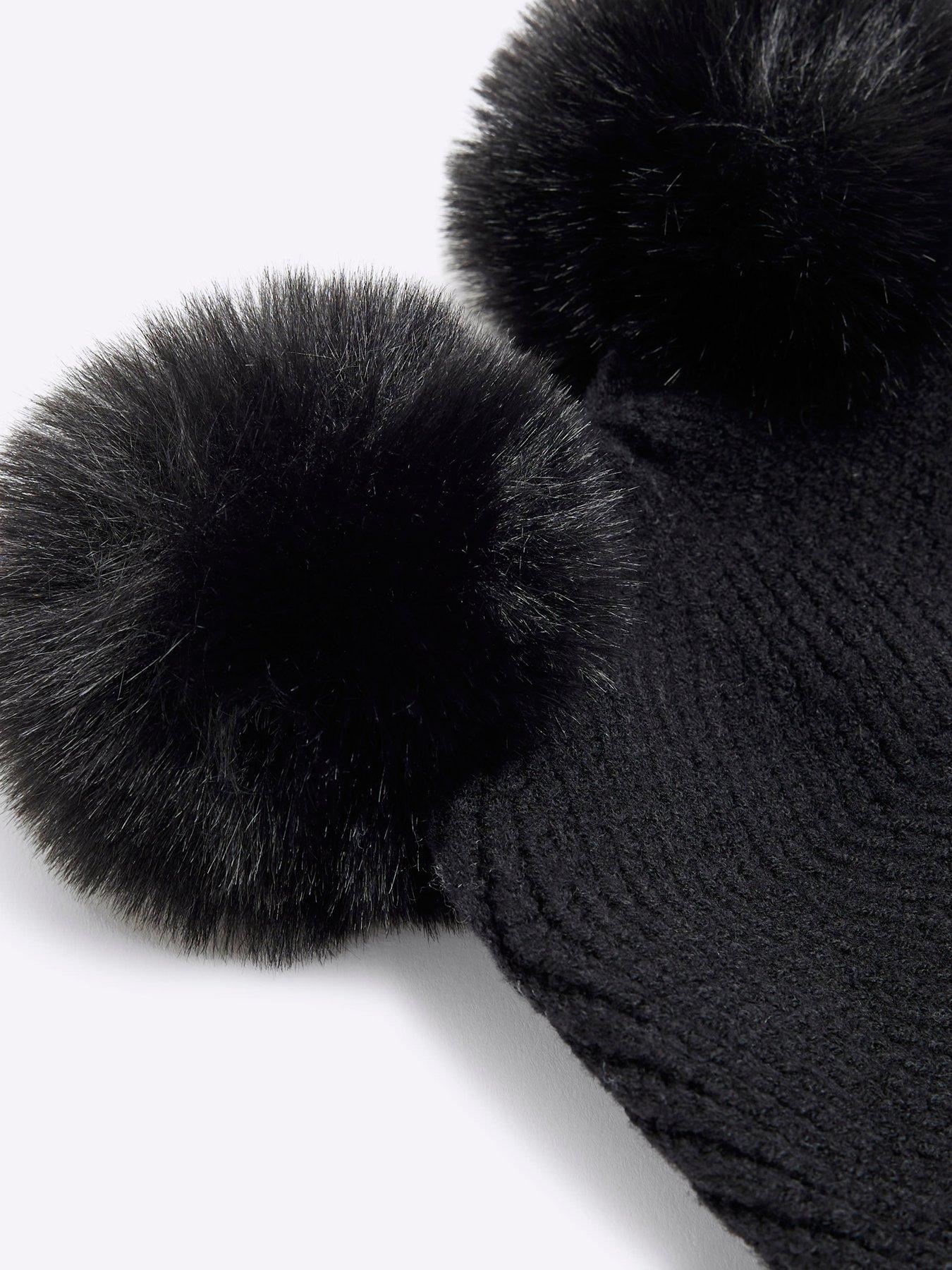Image 3 of 3 of River Island Mini Mini Girls Double Pom Beanie - Black