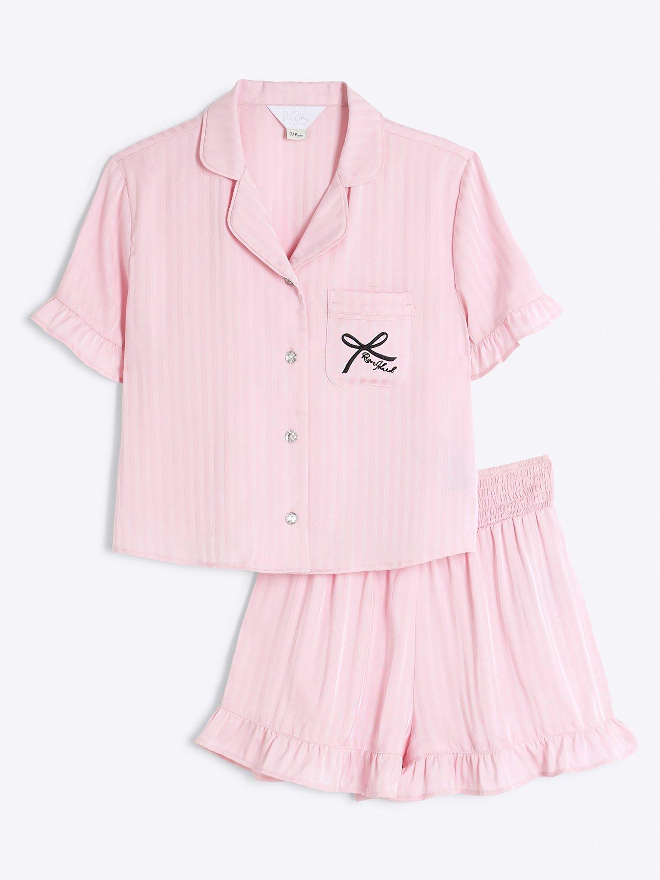 river-island-girls-satin-frill-shorts-pyjama-set-pinkfront