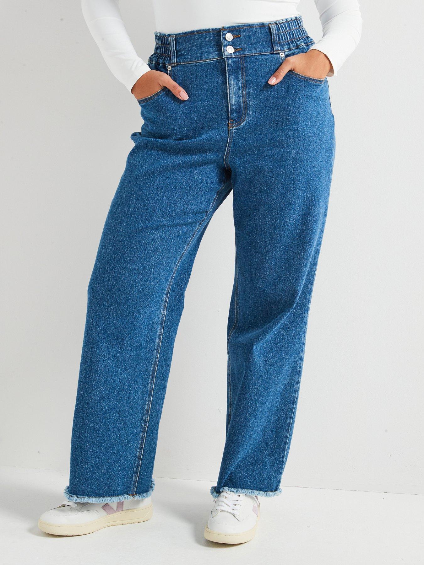 Image 1 of 6 of V by Very Curve Wide Leg Elasticated Waist Jean - Blue