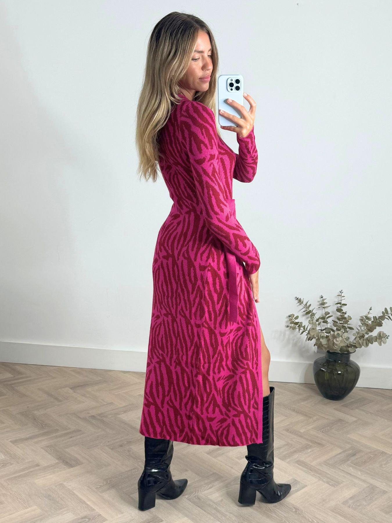 Image 2 of 4 of Style Cheat Animal Print Long Sleeve Midi Dress - Pink