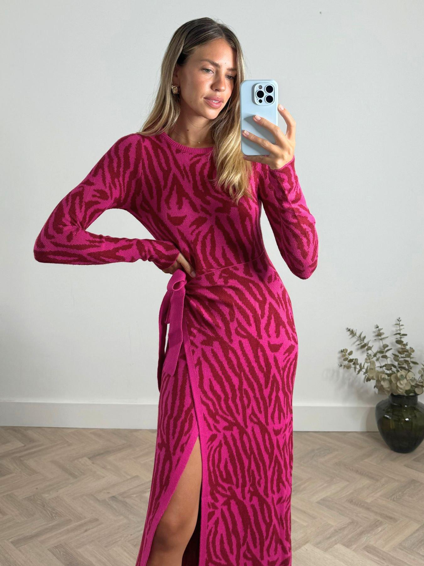 Image 3 of 4 of Style Cheat Animal Print Long Sleeve Midi Dress - Pink