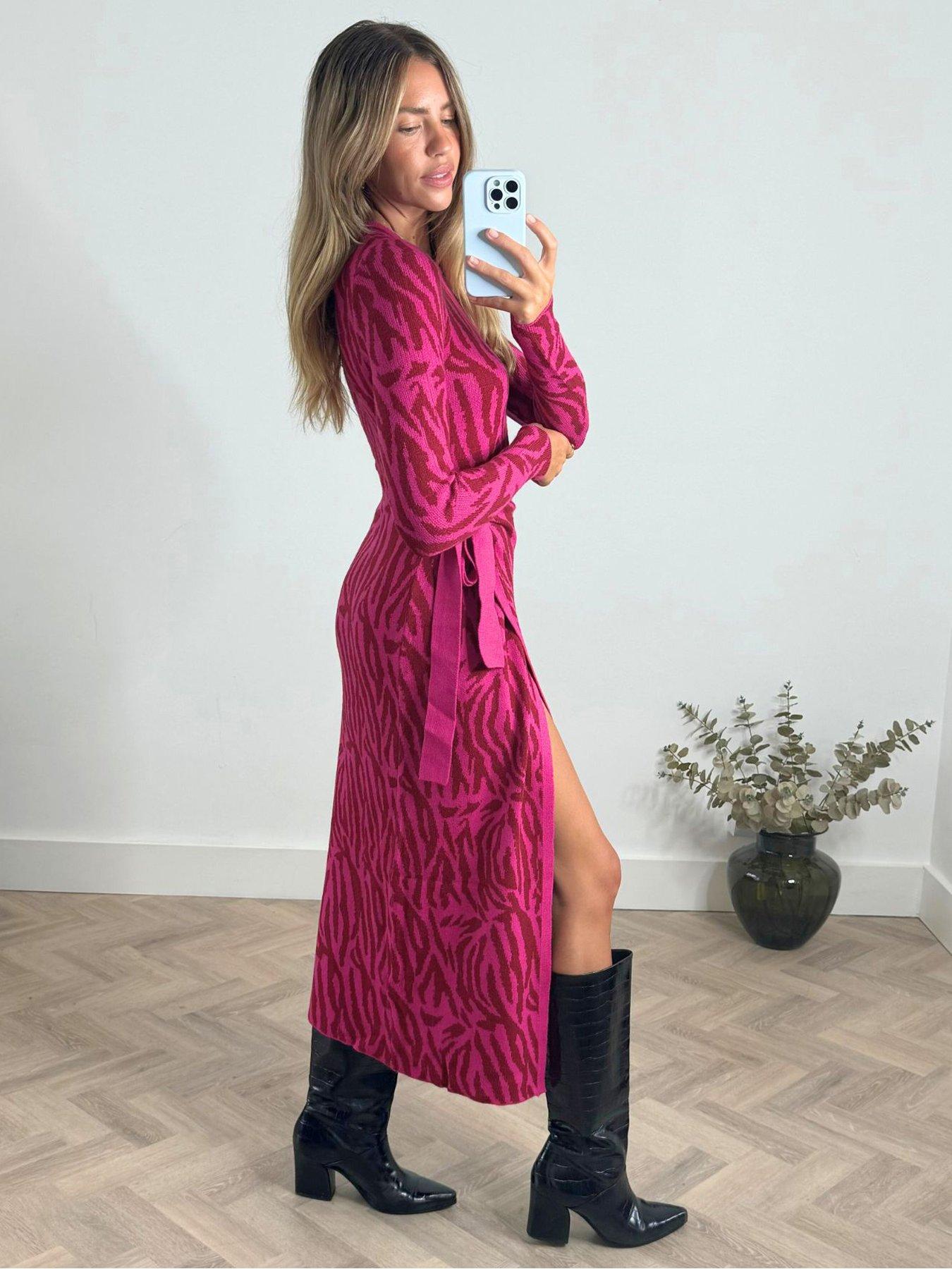 Image 4 of 4 of Style Cheat Animal Print Long Sleeve Midi Dress - Pink
