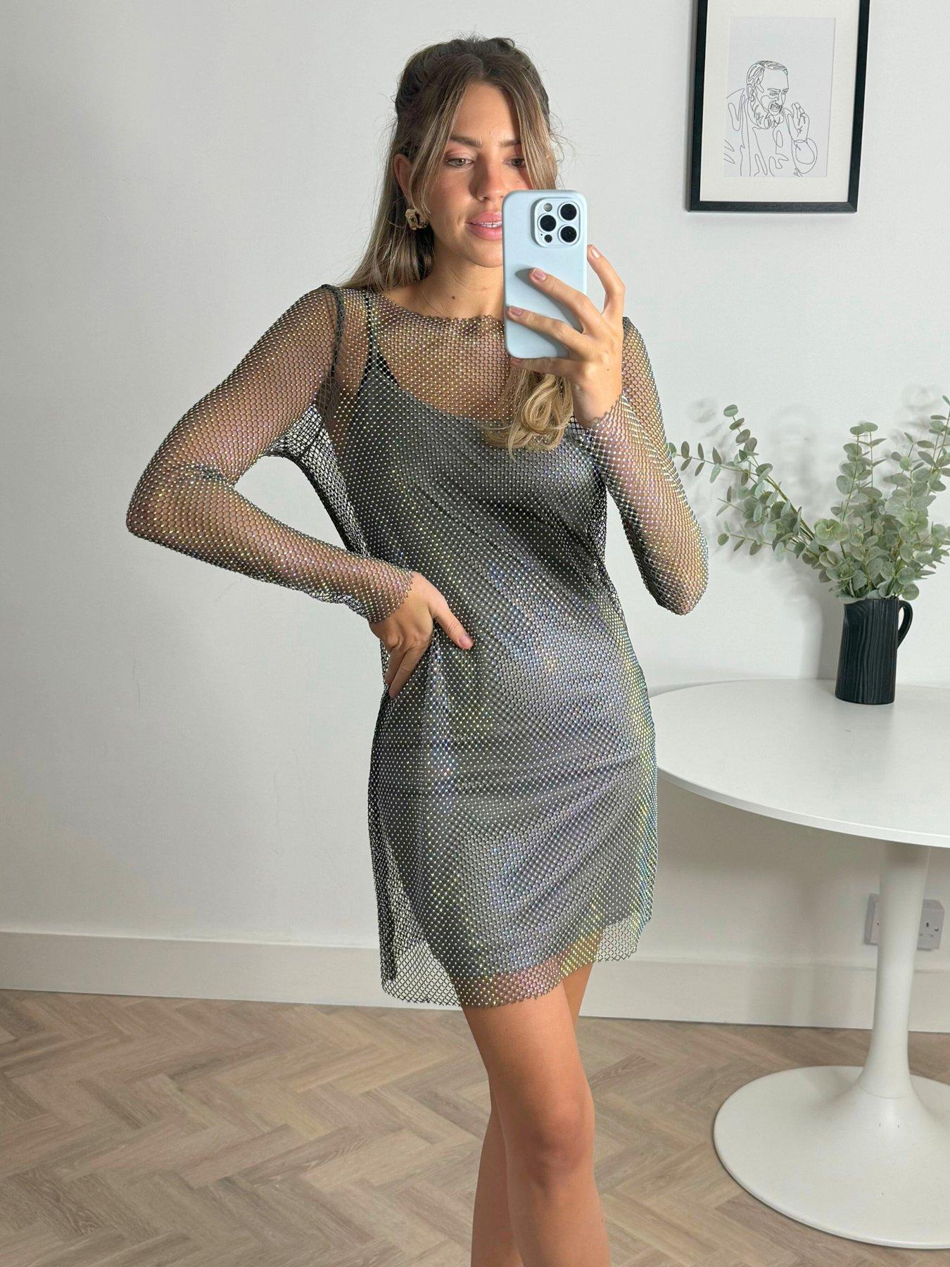 mesh diamante dress diamante mesh dress long sleeve Black Evening Dress  Sheer Mesh with  Diamond Embellishments Black / S