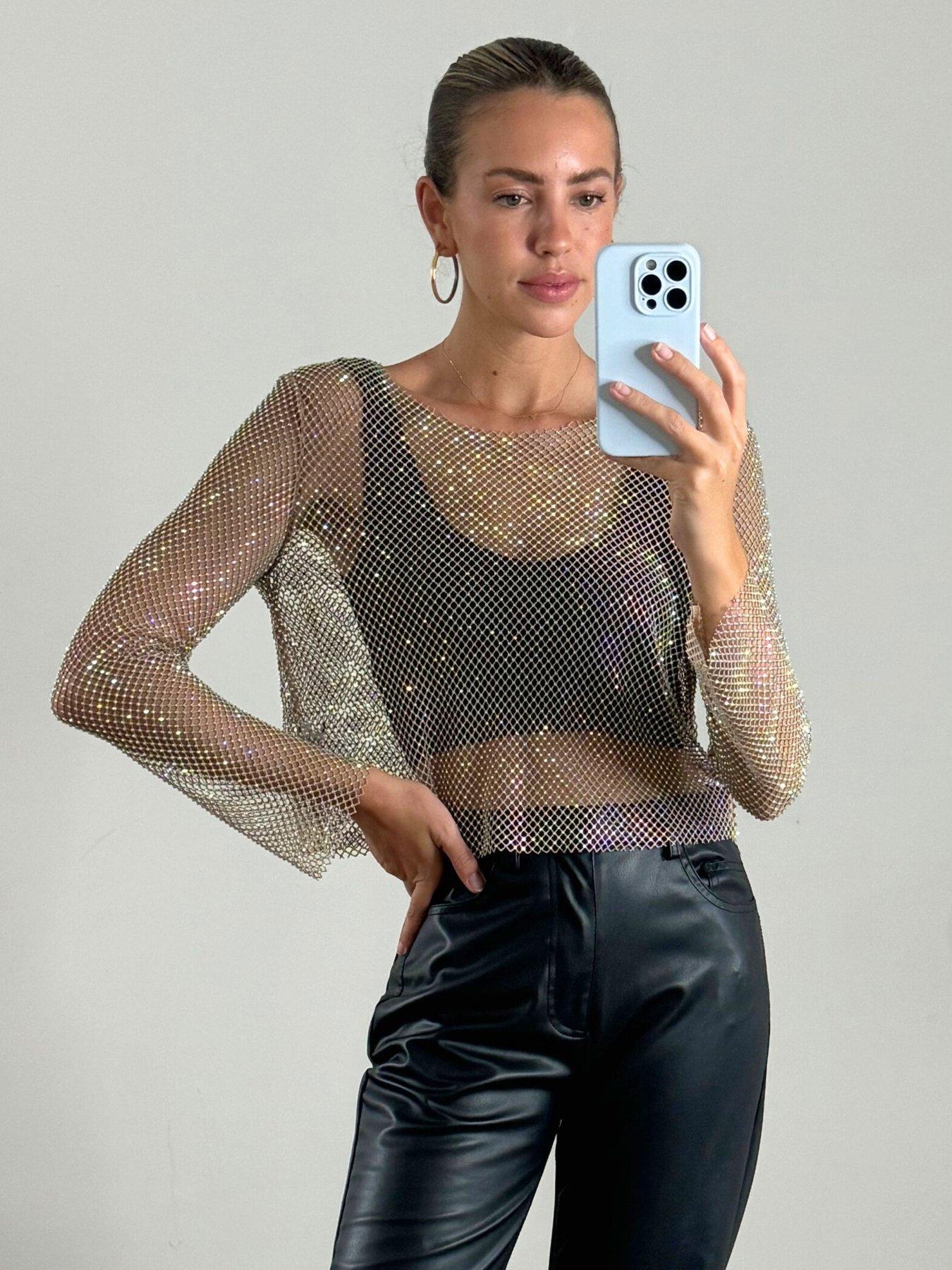 Image 1 of 4 of Style Cheat Mesh Rhinestone Top - Gold