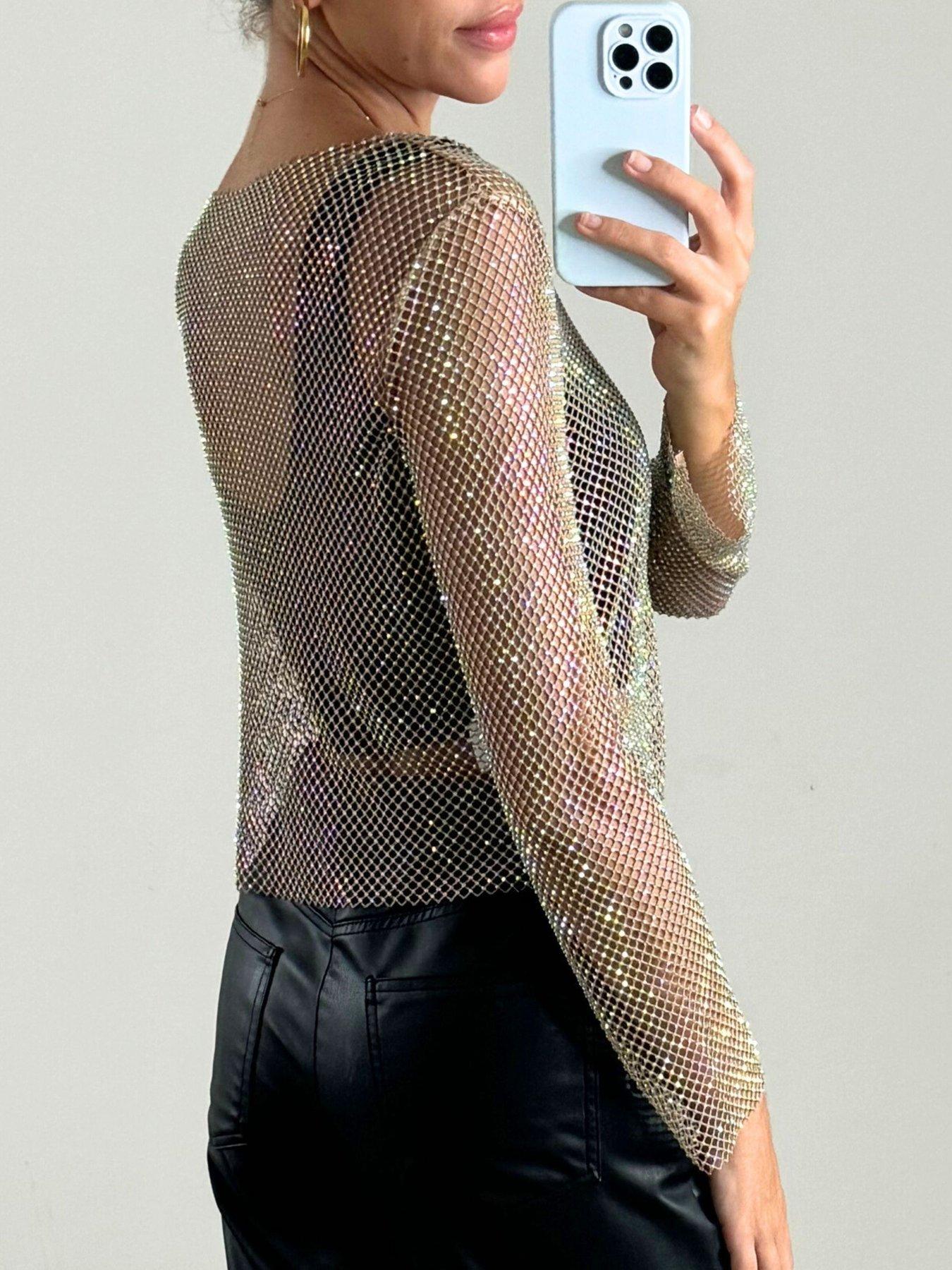 Image 2 of 4 of Style Cheat Mesh Rhinestone Top - Gold