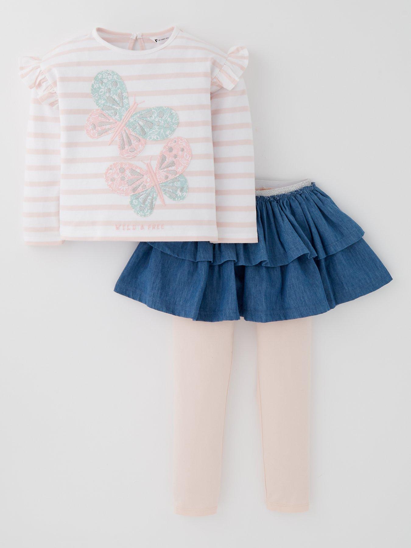 undefined Girls Frill Butterfly Long Sleeve Top and 2 in 1 Legging And Skirt Set - Multi