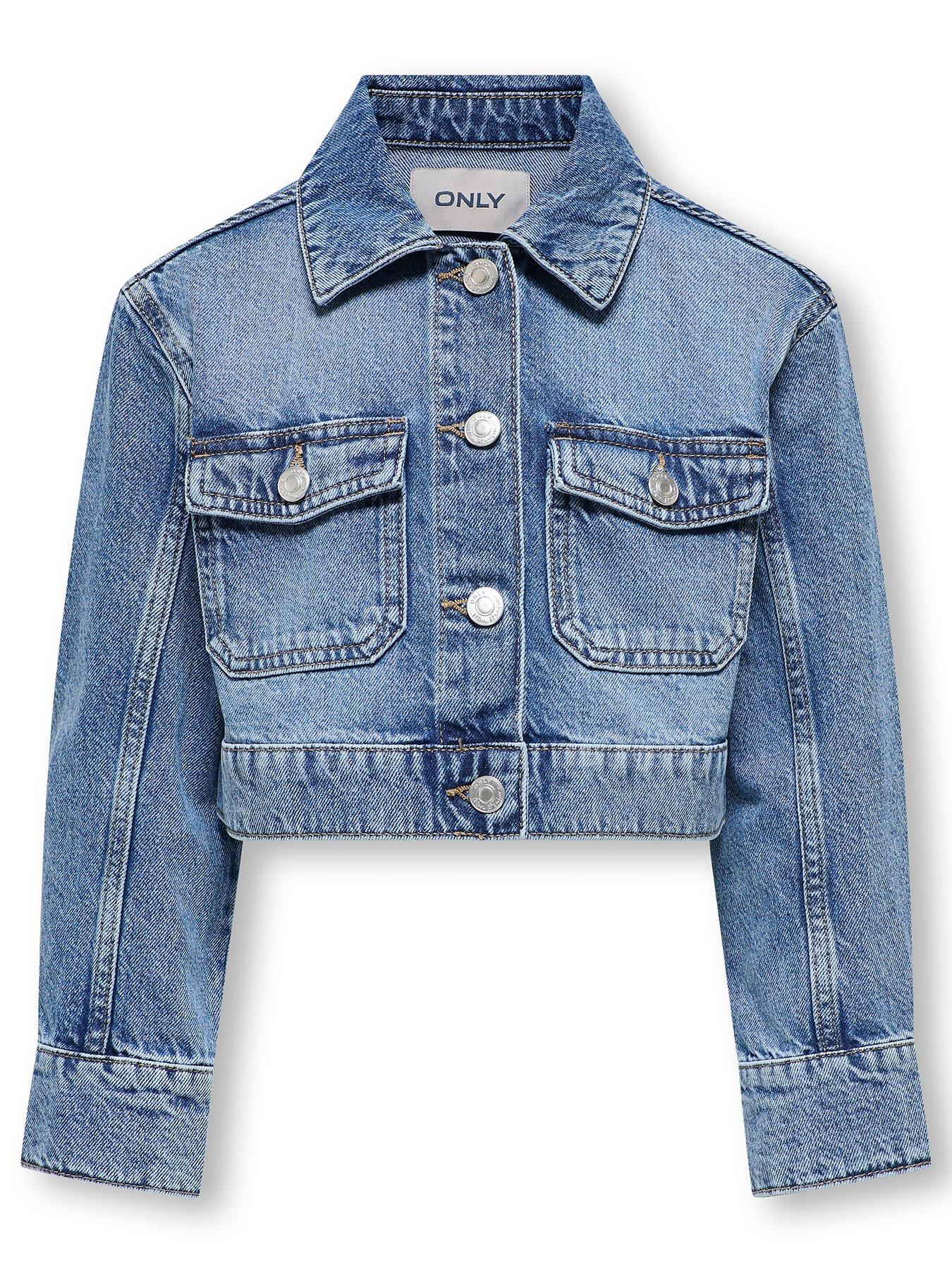 Image 1 of 3 of Only Kids Girls Cropped Denim Jacket - Medium Blue Denim