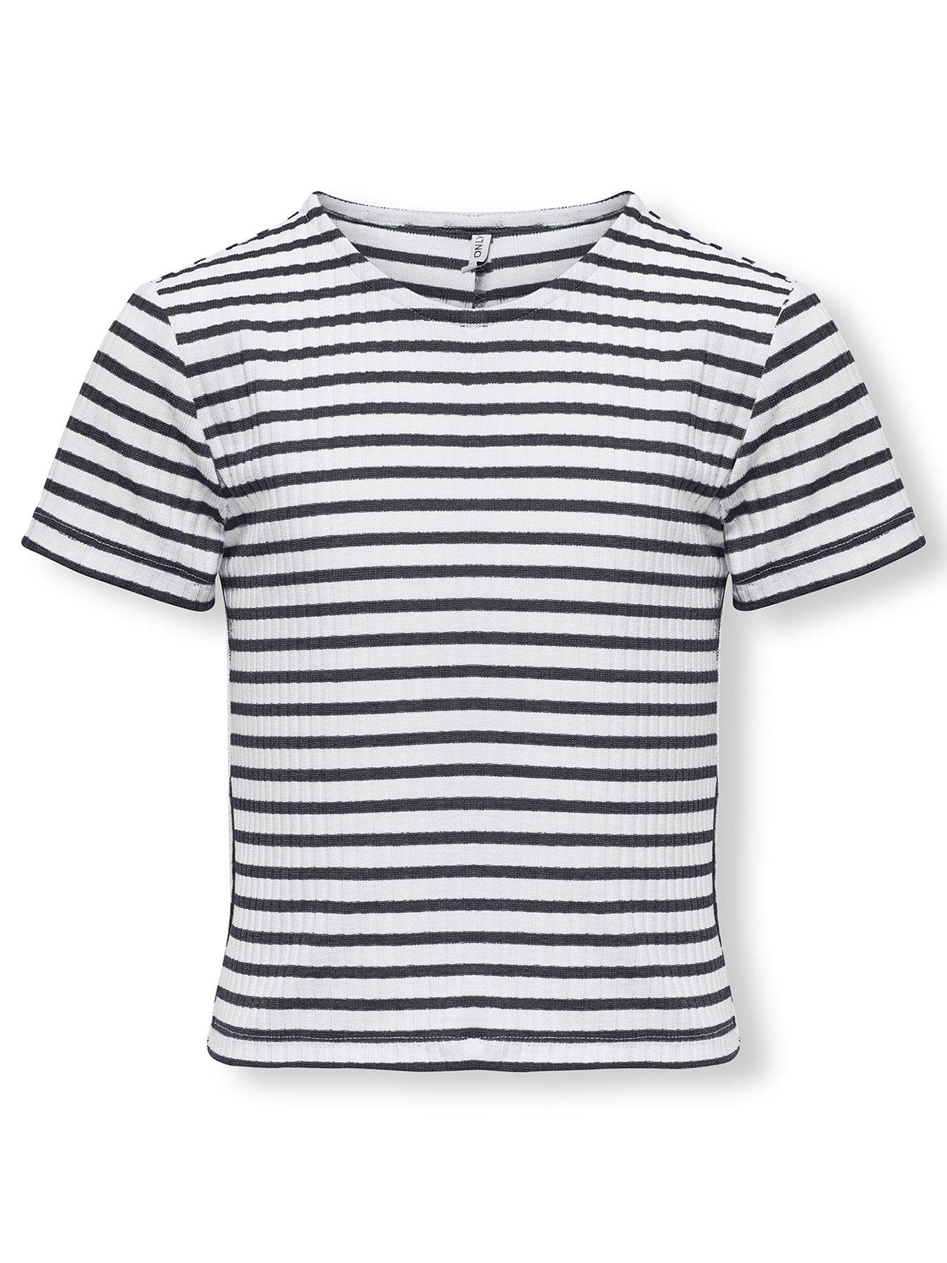 Only Kids Girls Nella Ribbed Striped T-Shirt - Navy