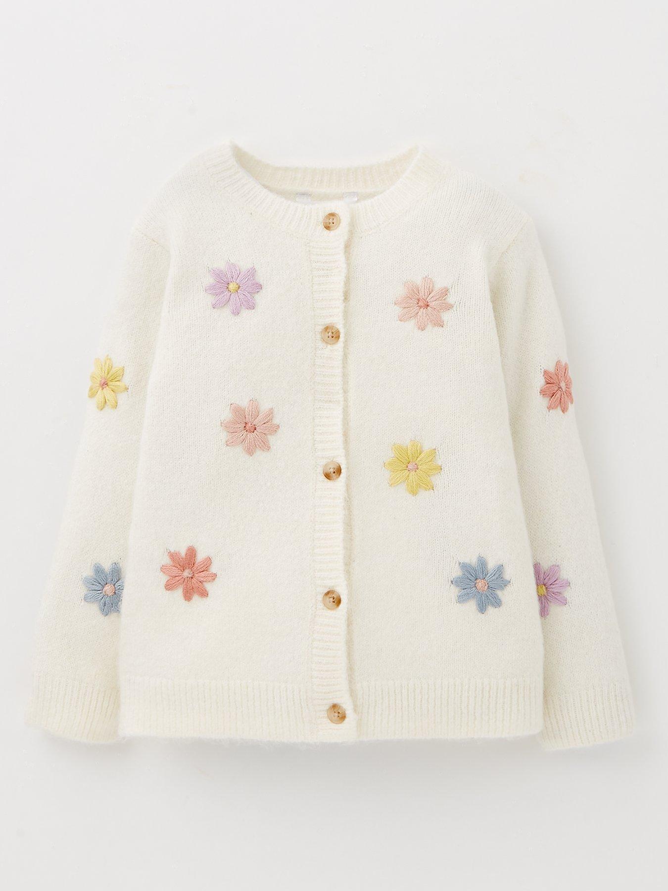 undefined Girls Floral Embroidered Button Through Cardigan - Cream