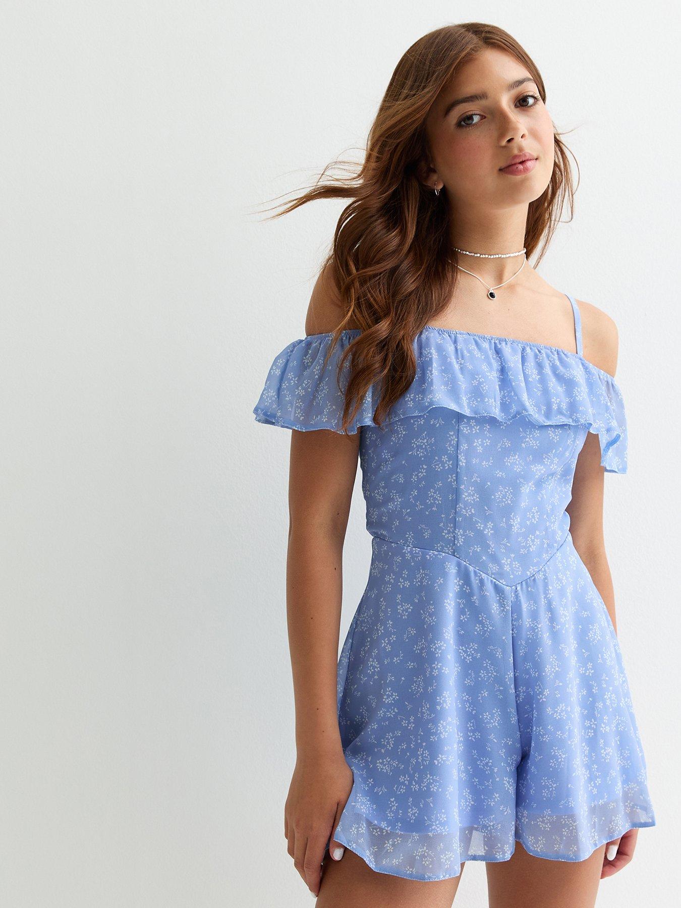 new-look-915-girls-blue-floral-print-bardot-playsuit