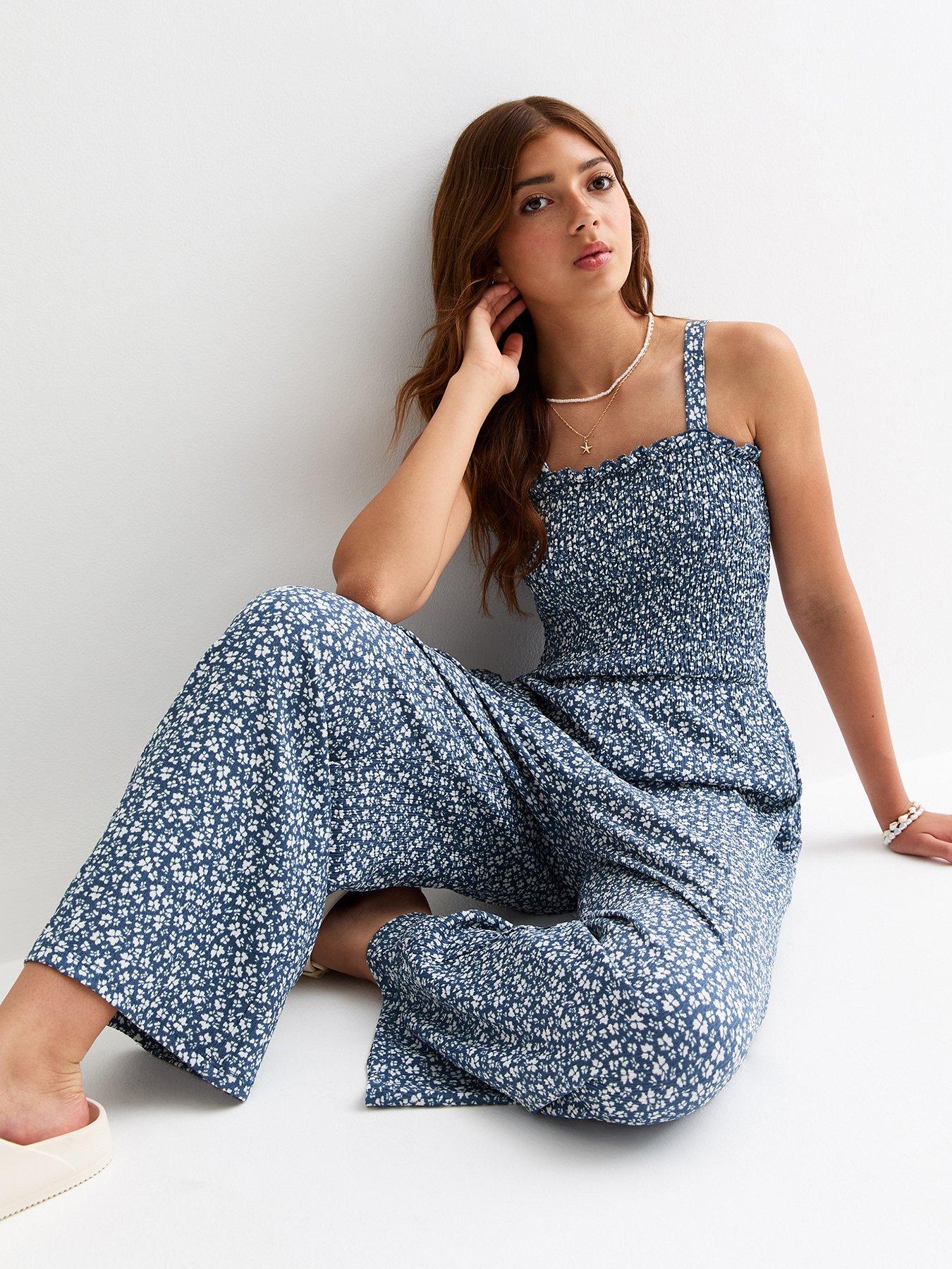 new-look-915-girls-blue-shirred-floral-jumpsuit