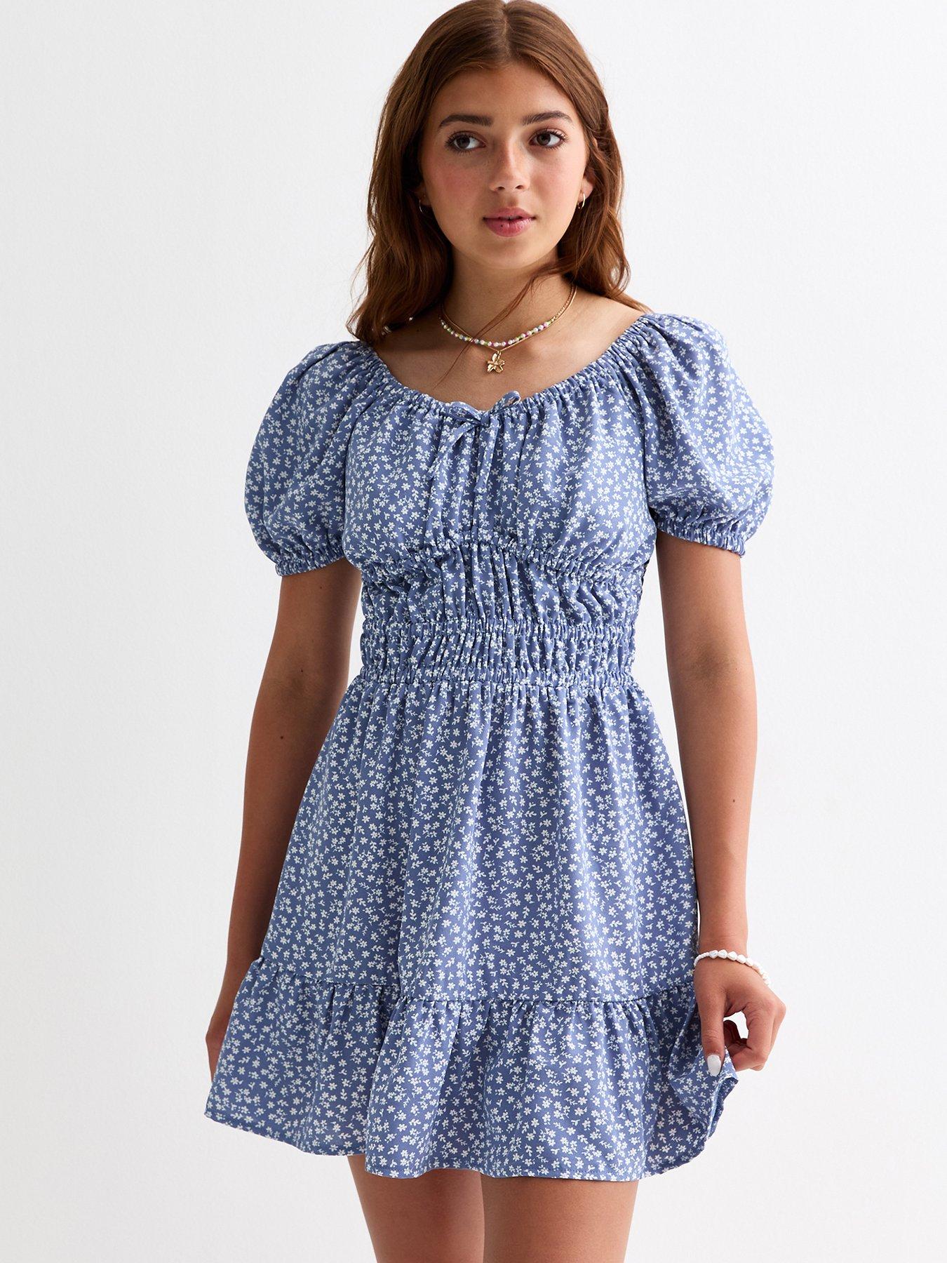 new-look-915-girls-blue-floral-shirred-bow-detail-dress