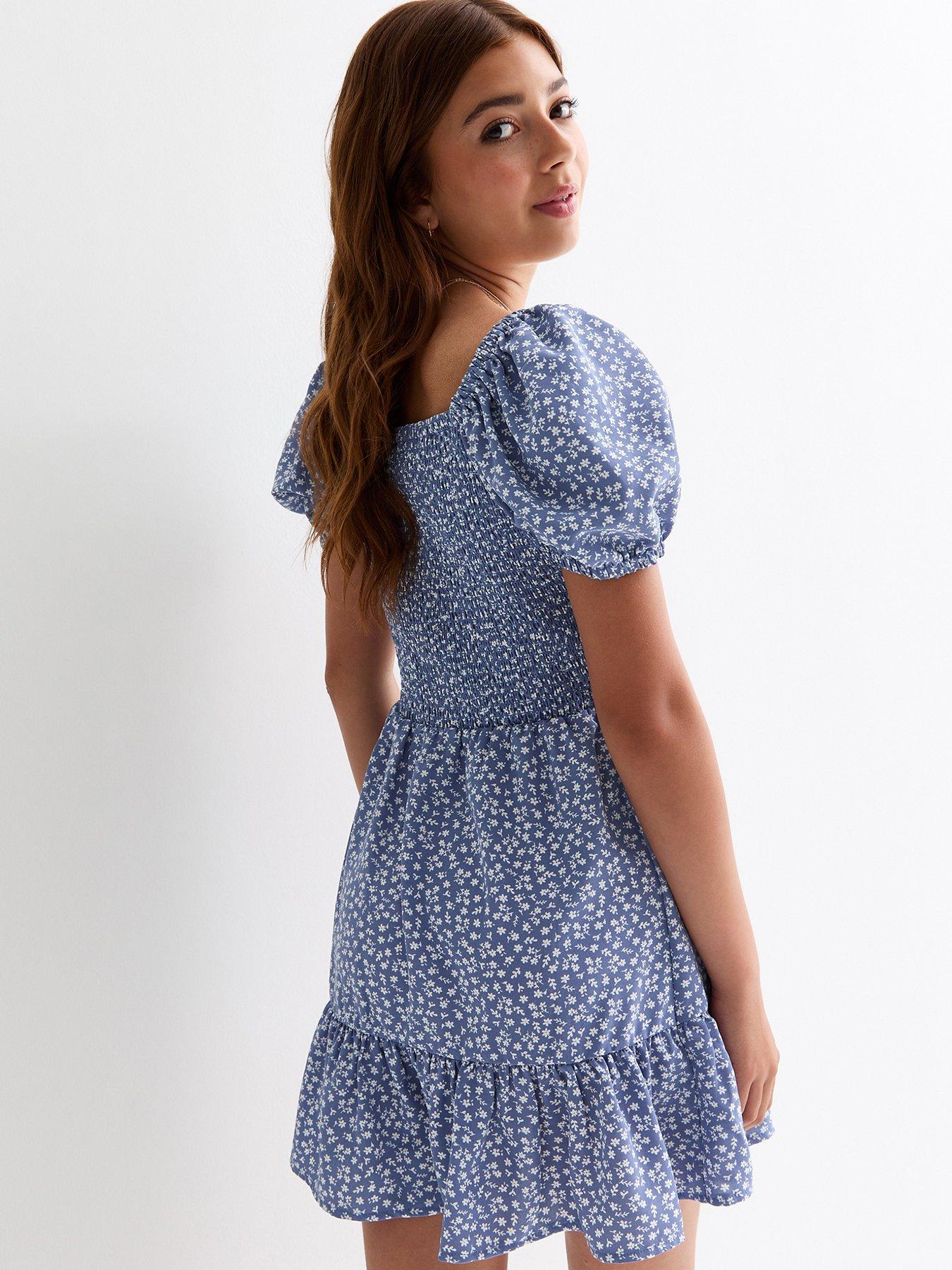 new-look-915-girls-blue-floral-shirred-bow-detail-dressback