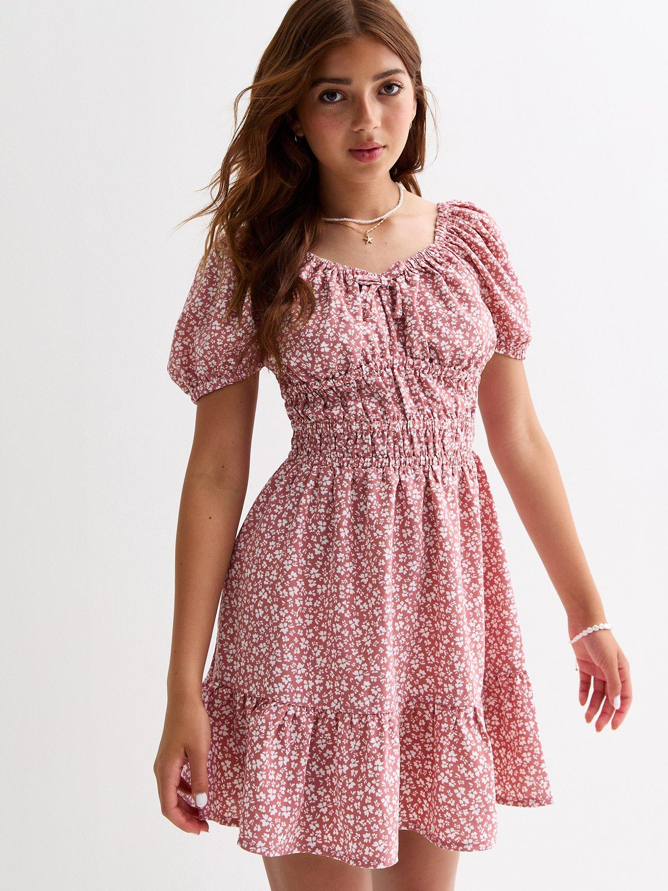 new-look-915-girls-pink-floral-shirred-bow-detail-dress