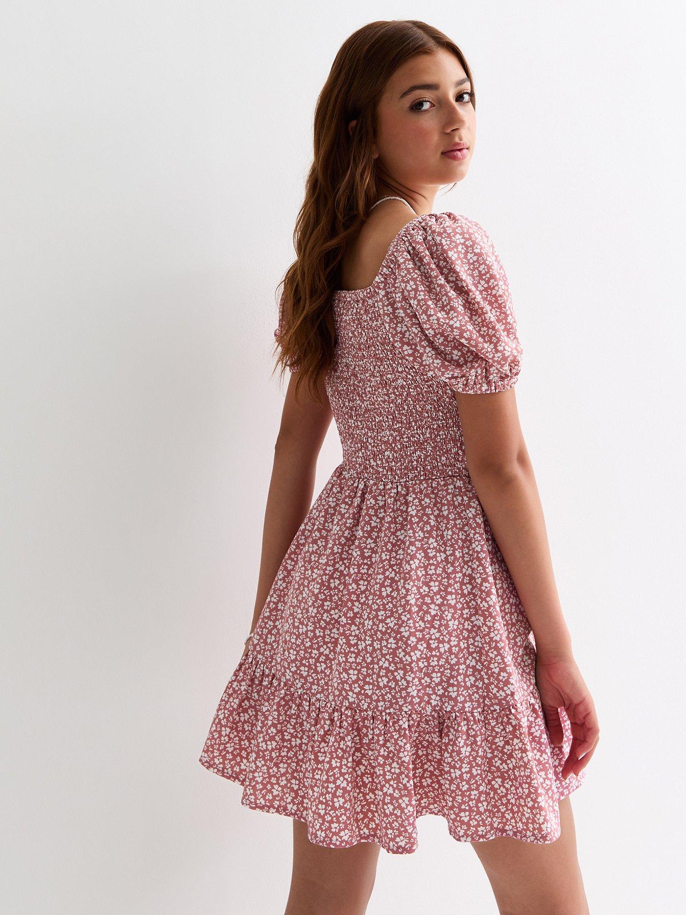 new-look-915-girls-pink-floral-shirred-bow-detail-dressback