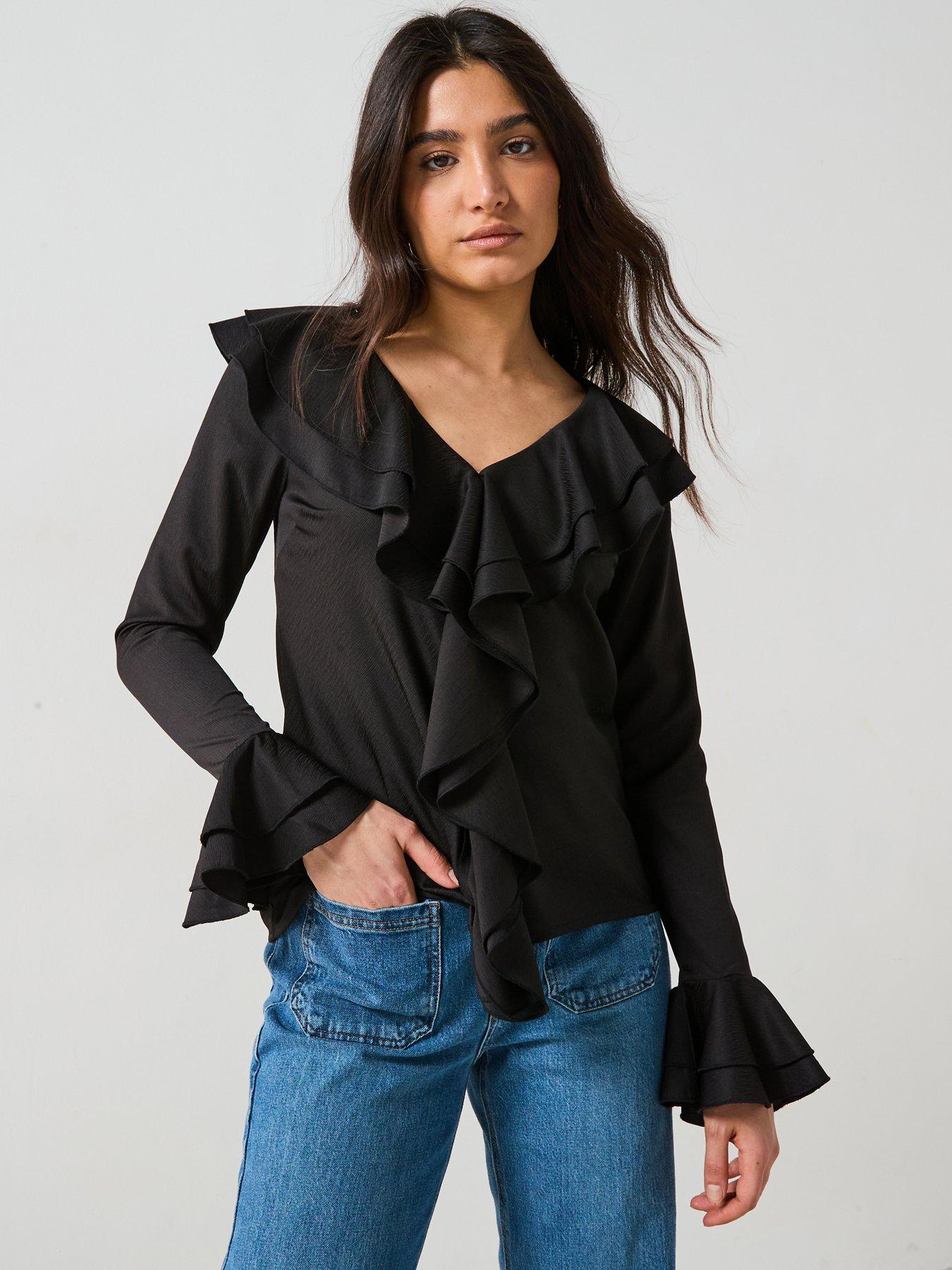 v-by-very-v-neck-ruffle-longline-blouse-black