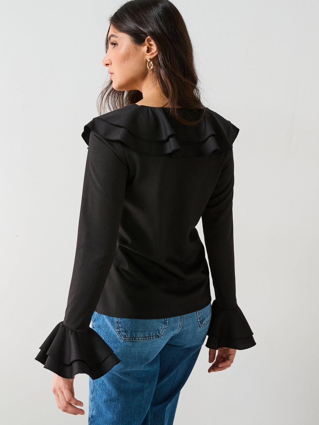 v-by-very-v-neck-ruffle-longline-blouse-blackstillFront