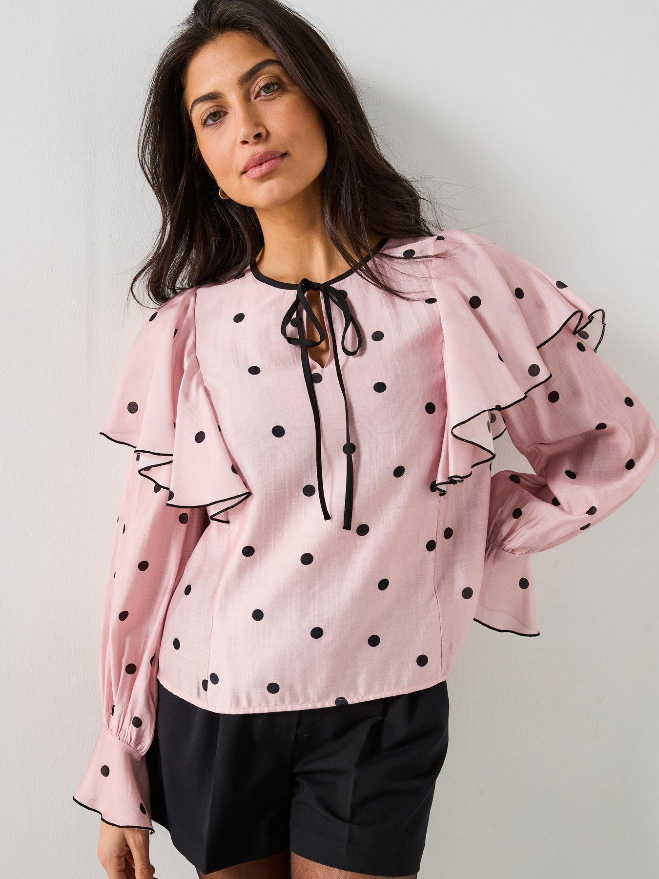Image 1 of 6 of V by Very Spot Tie Ruffle Blouse - Pink