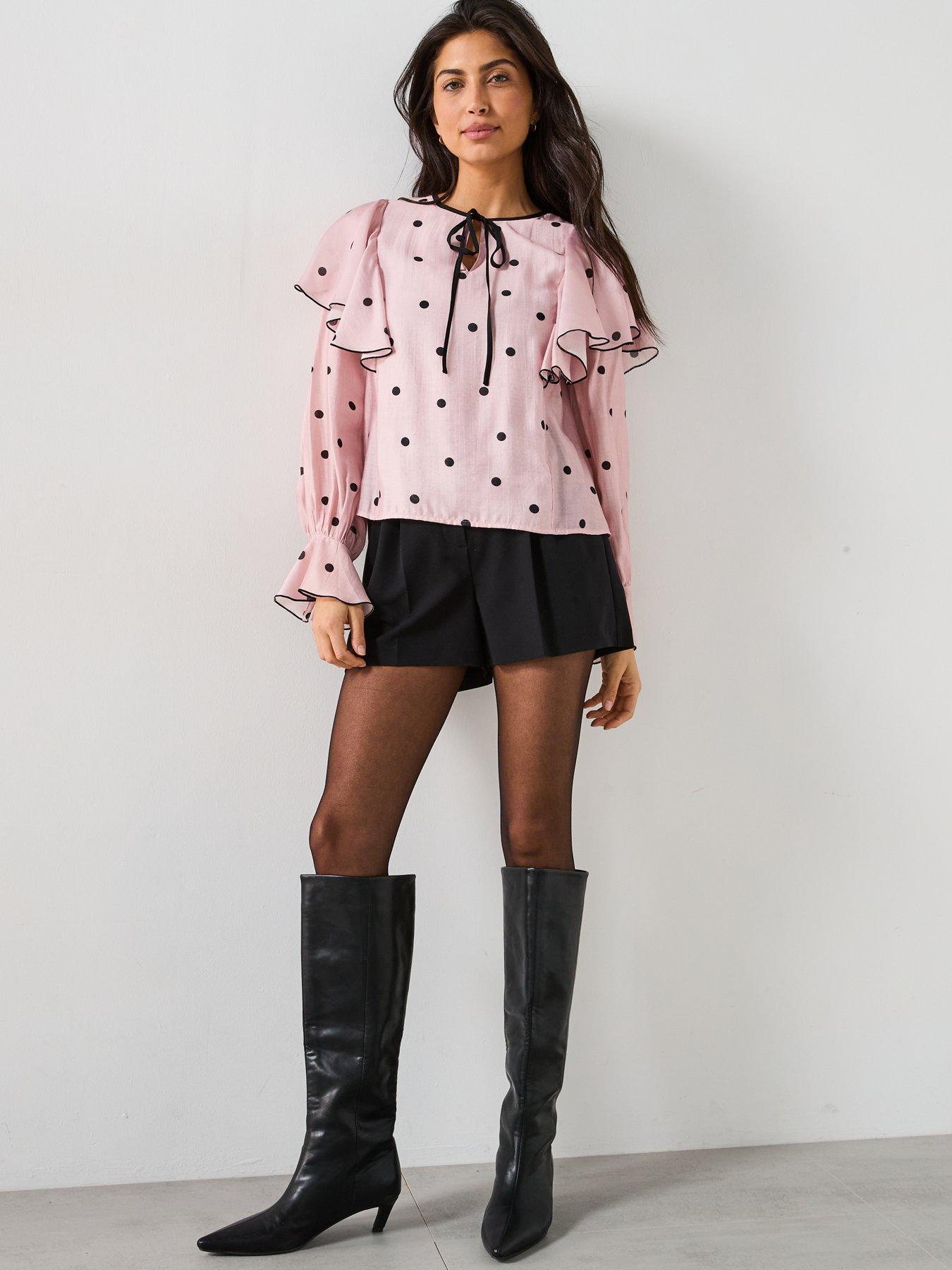 Image 3 of 6 of V by Very Spot Tie Ruffle Blouse - Pink