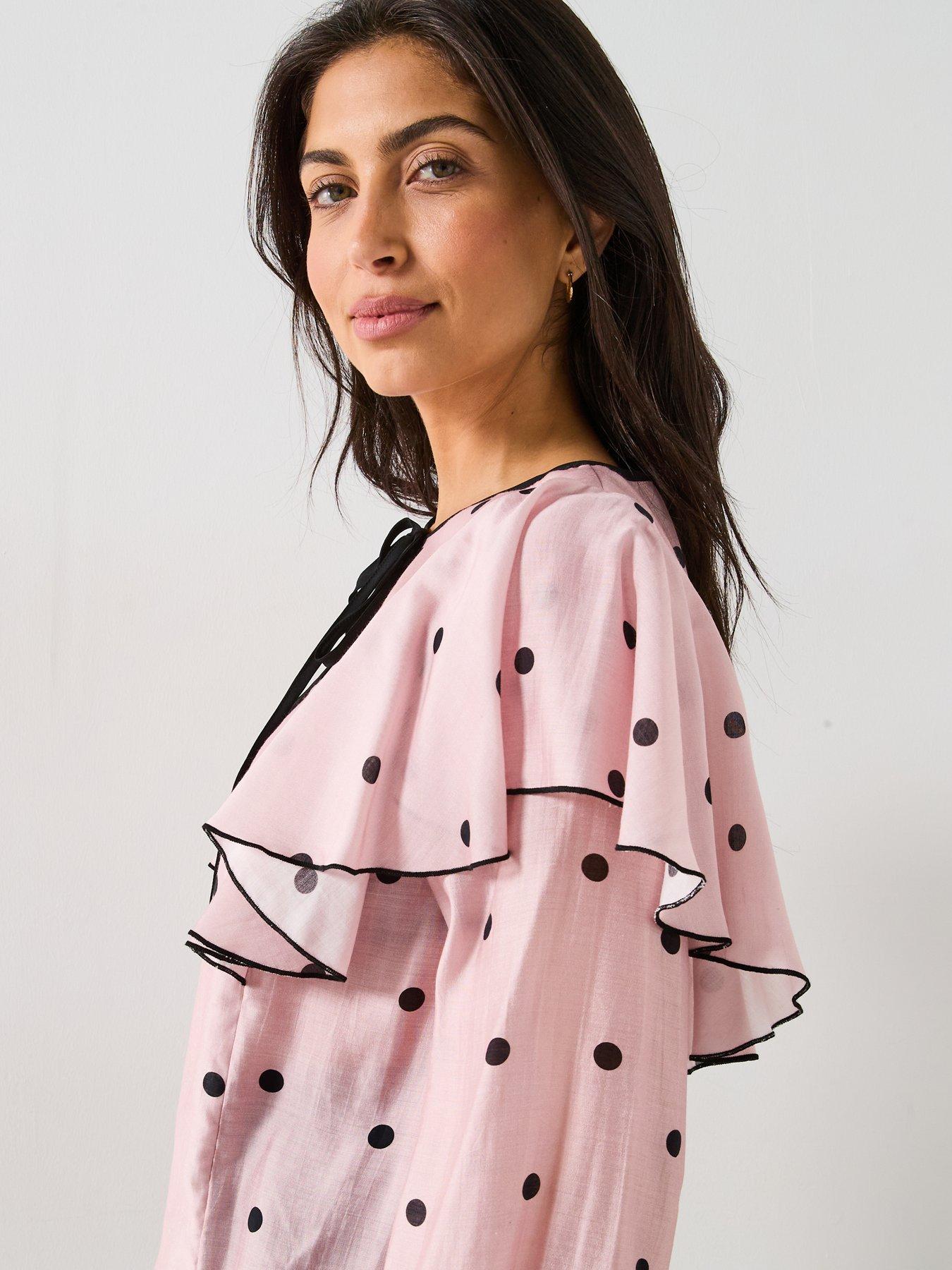 Image 4 of 6 of V by Very Spot Tie Ruffle Blouse - Pink