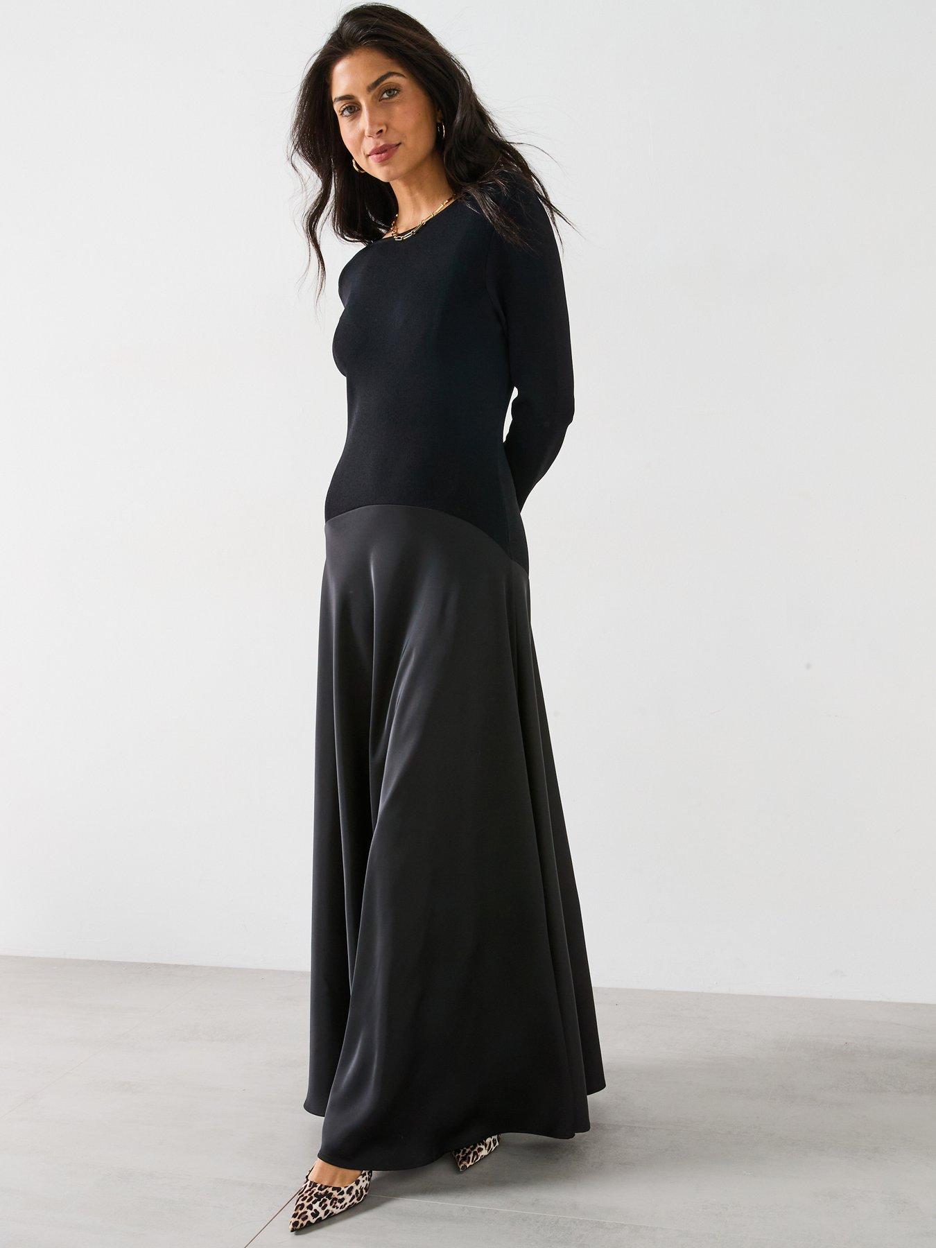 v-by-very-contrast-woven-knit-midaxi-dress-blackfront