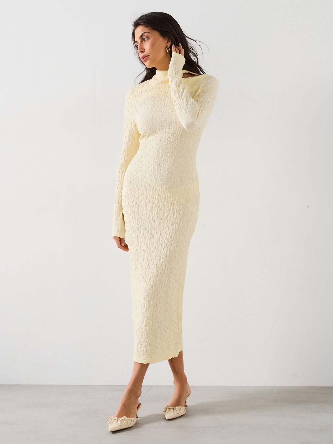 Image 1 of 6 of V by Very Textured Cut Out Bodycon Dress - Yellow