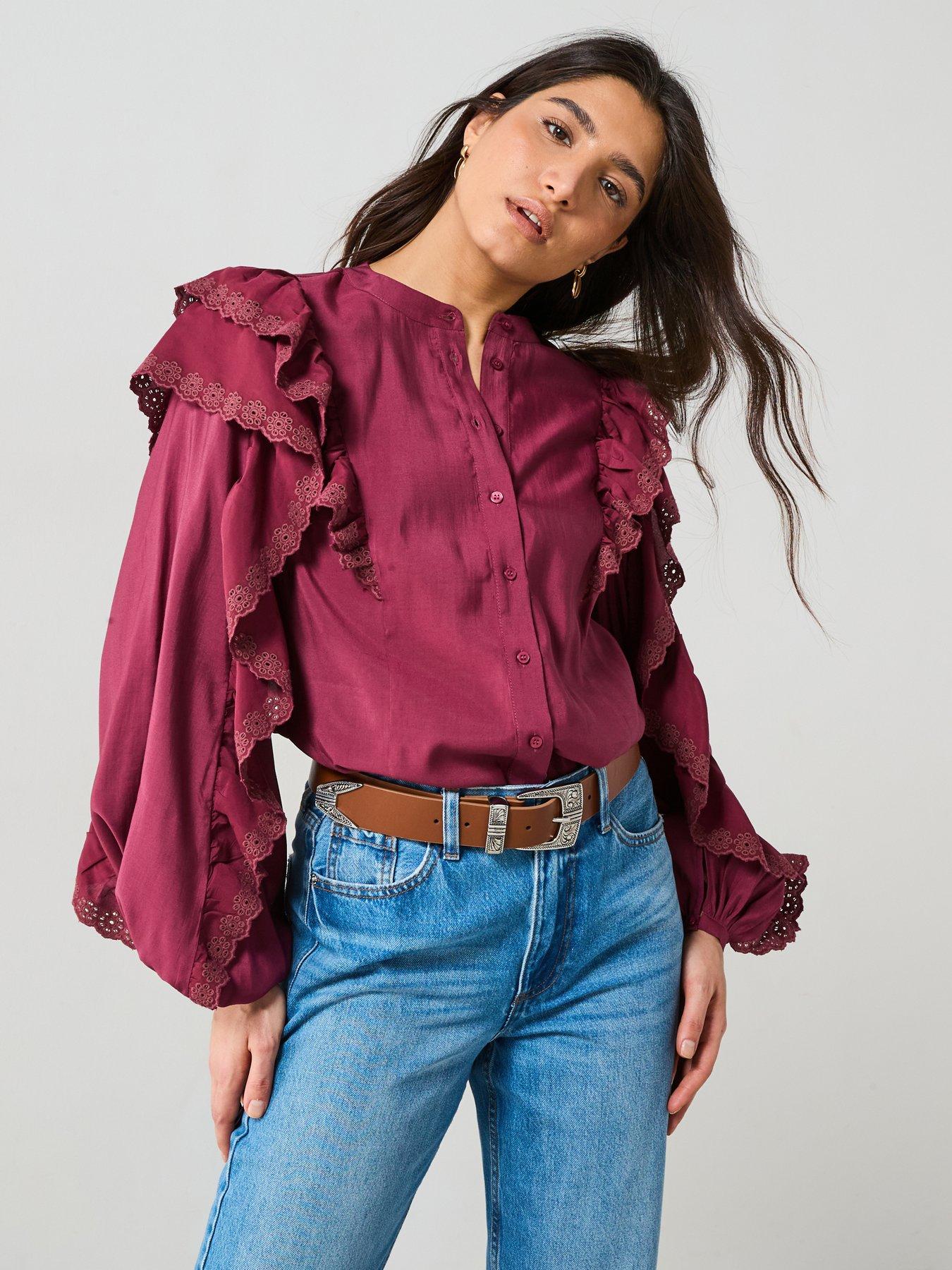Image 1 of 5 of V by Very Broderie Ruffle Sleeve Shirt - Burgundy
