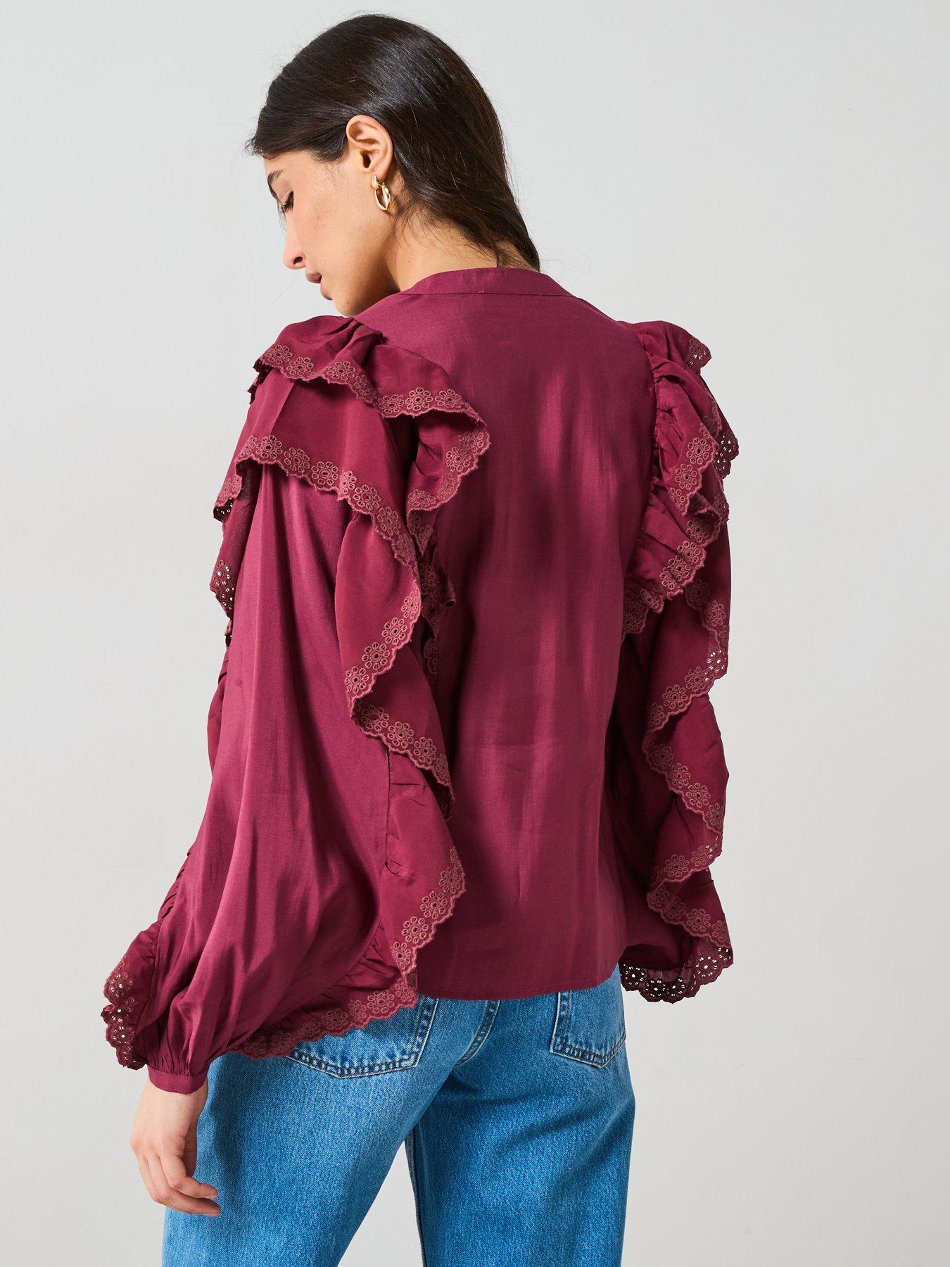 Image 2 of 5 of V by Very Broderie Ruffle Sleeve Shirt - Burgundy