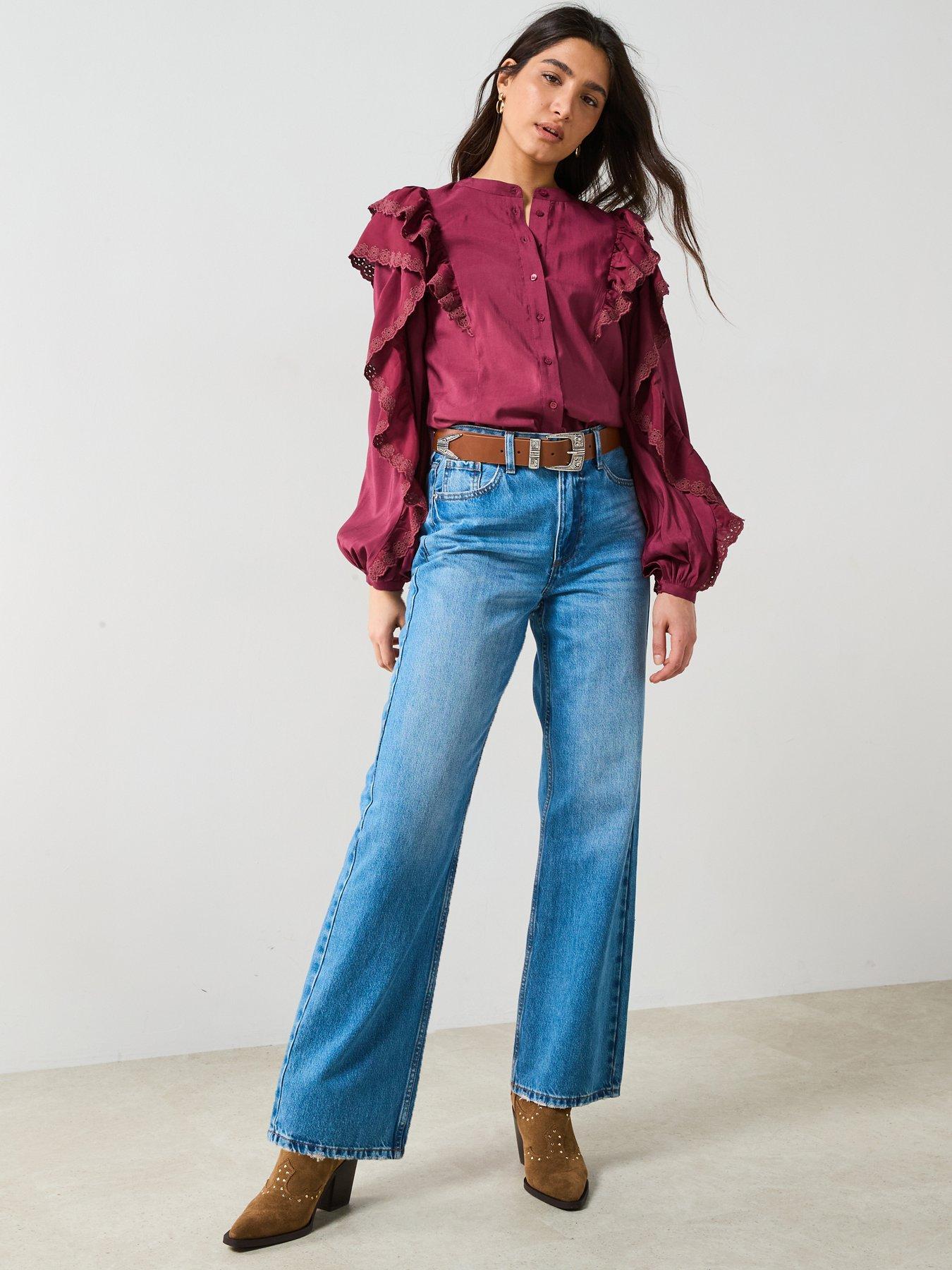 Image 3 of 5 of V by Very Broderie Ruffle Sleeve Shirt - Burgundy
