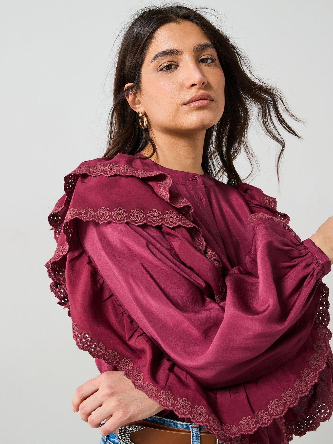 Image 4 of 5 of V by Very Broderie Ruffle Sleeve Shirt - Burgundy
