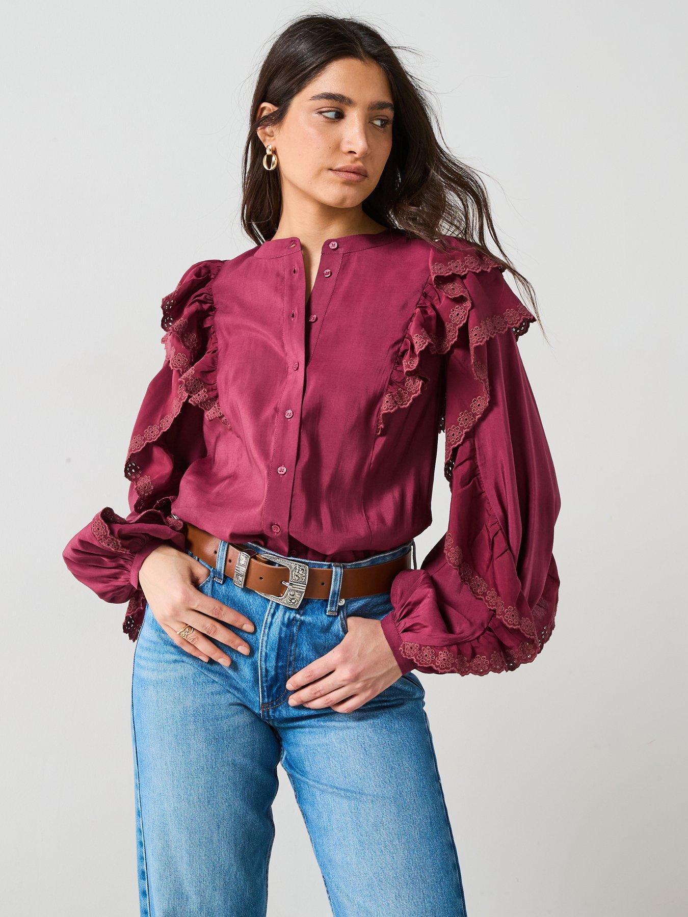 Image 5 of 5 of V by Very Broderie Ruffle Sleeve Shirt - Burgundy