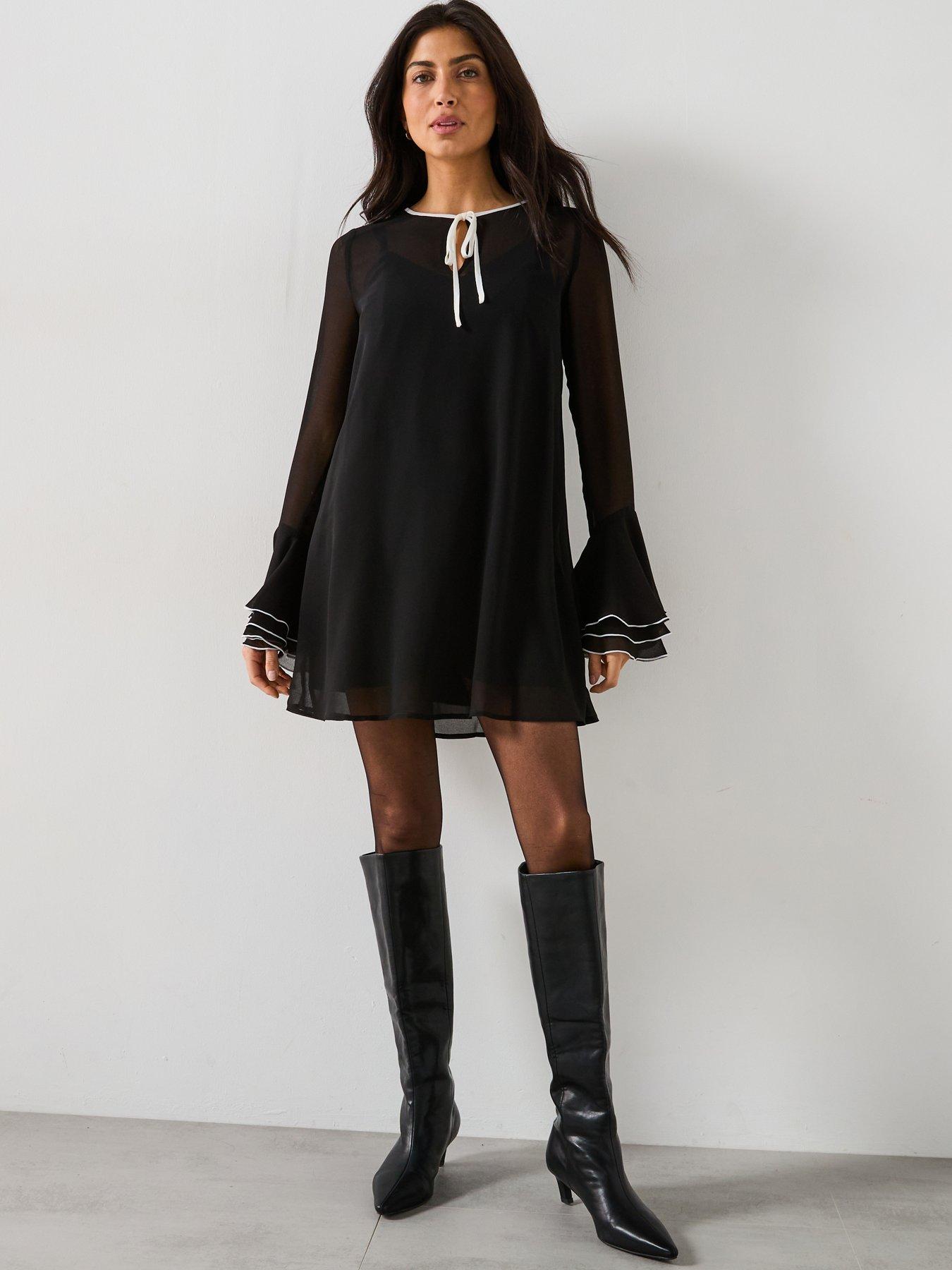 v-by-very-contrast-ruffle-shift-mini-dress-black