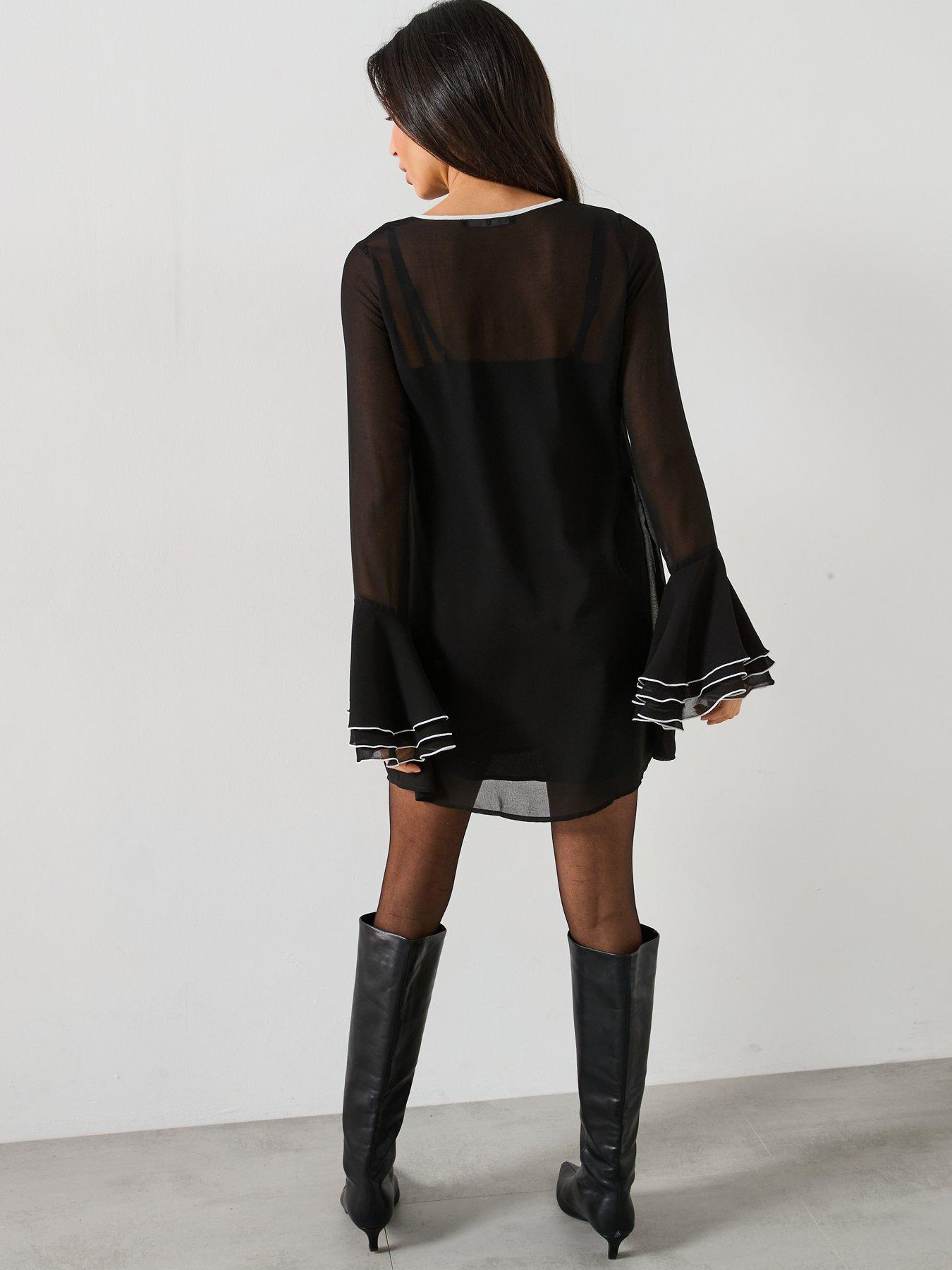 v-by-very-contrast-ruffle-shift-mini-dress-blackstillFront