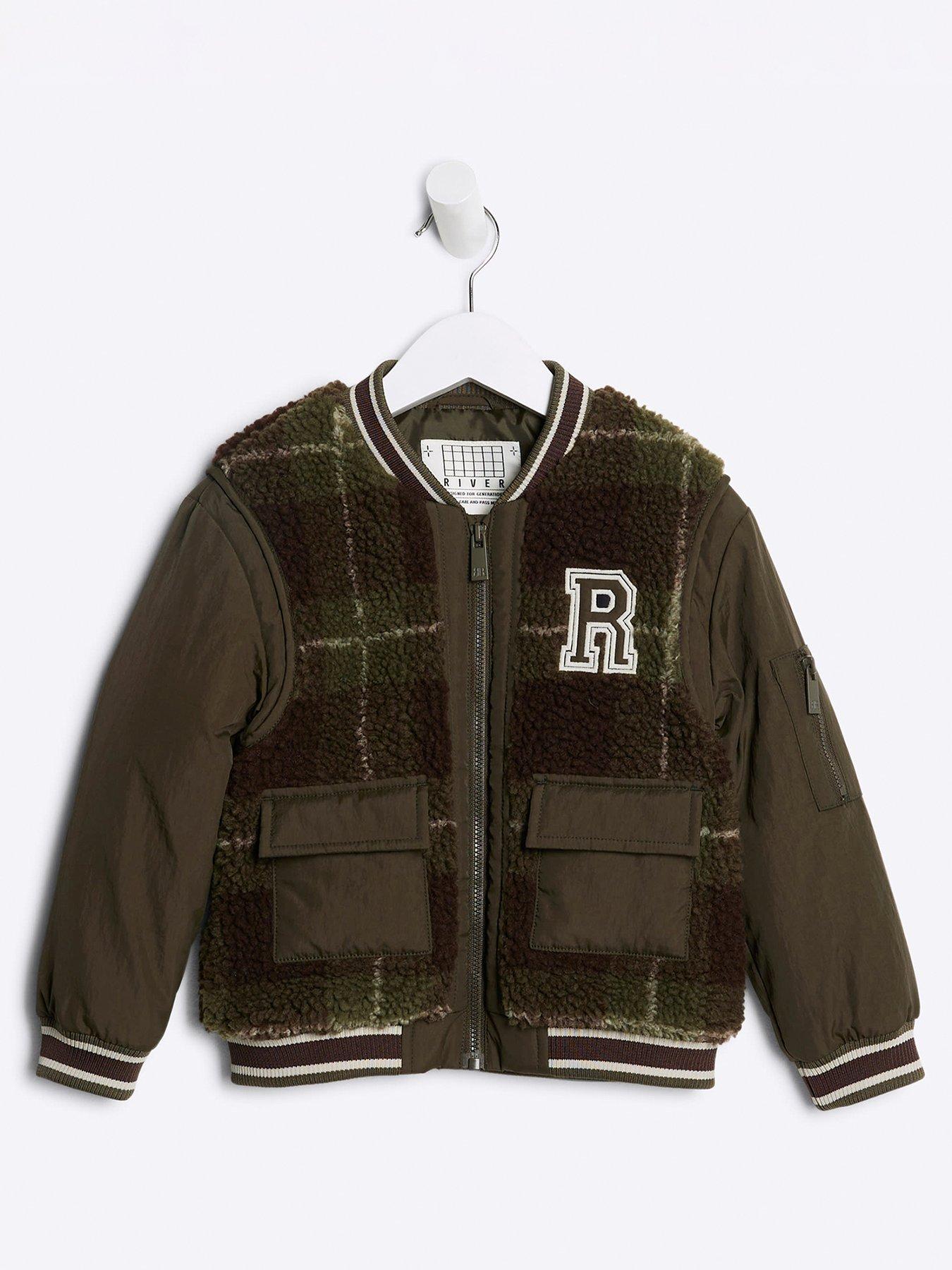 Image 1 of 4 of River Island Mini Mini Boy Check Bomber Jacket - Khaki