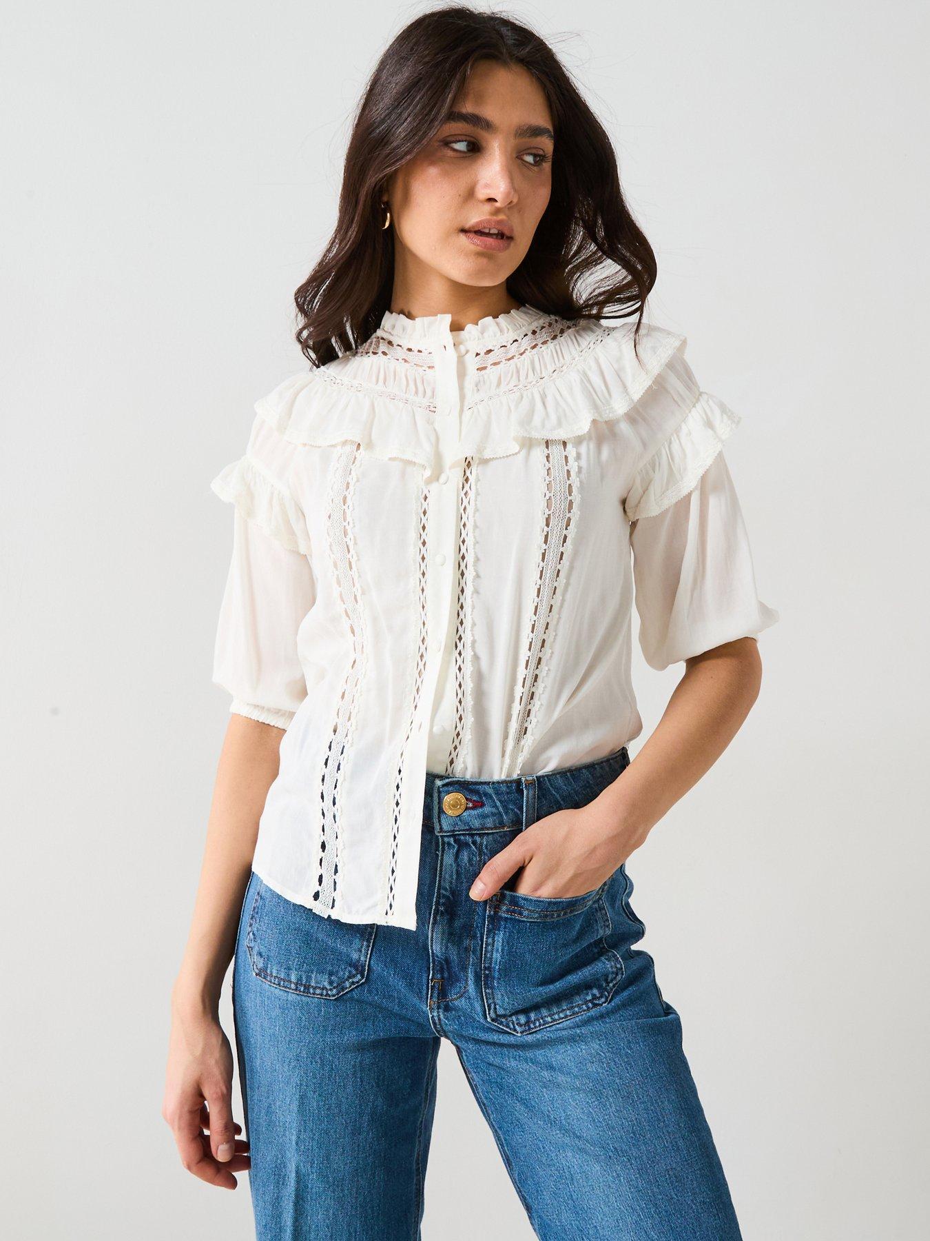 V by Very Lace Ruffle Boho Blouse - White