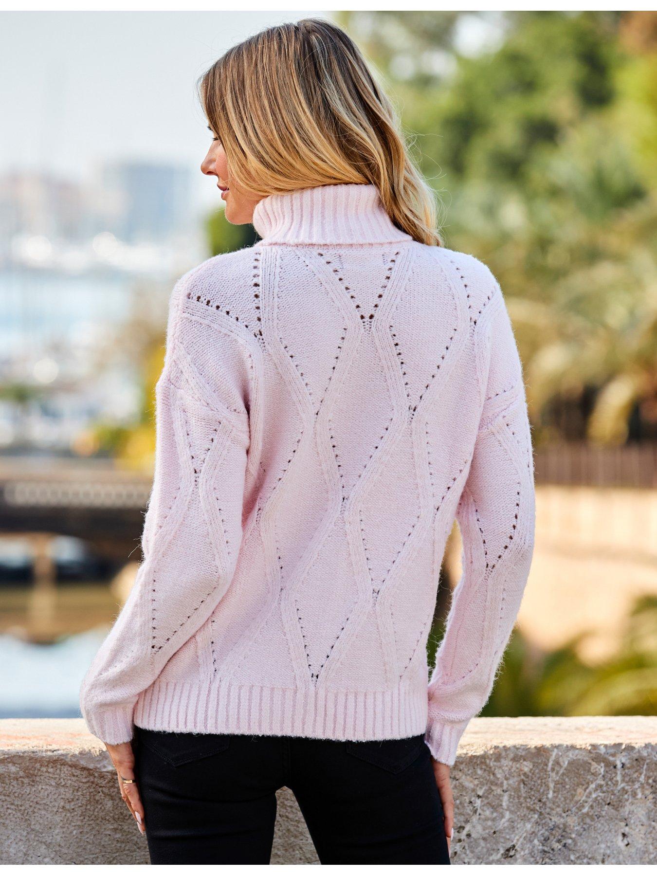 Image 2 of 6 of Sosandar Roll Neck Pointelle Jumper - Pink