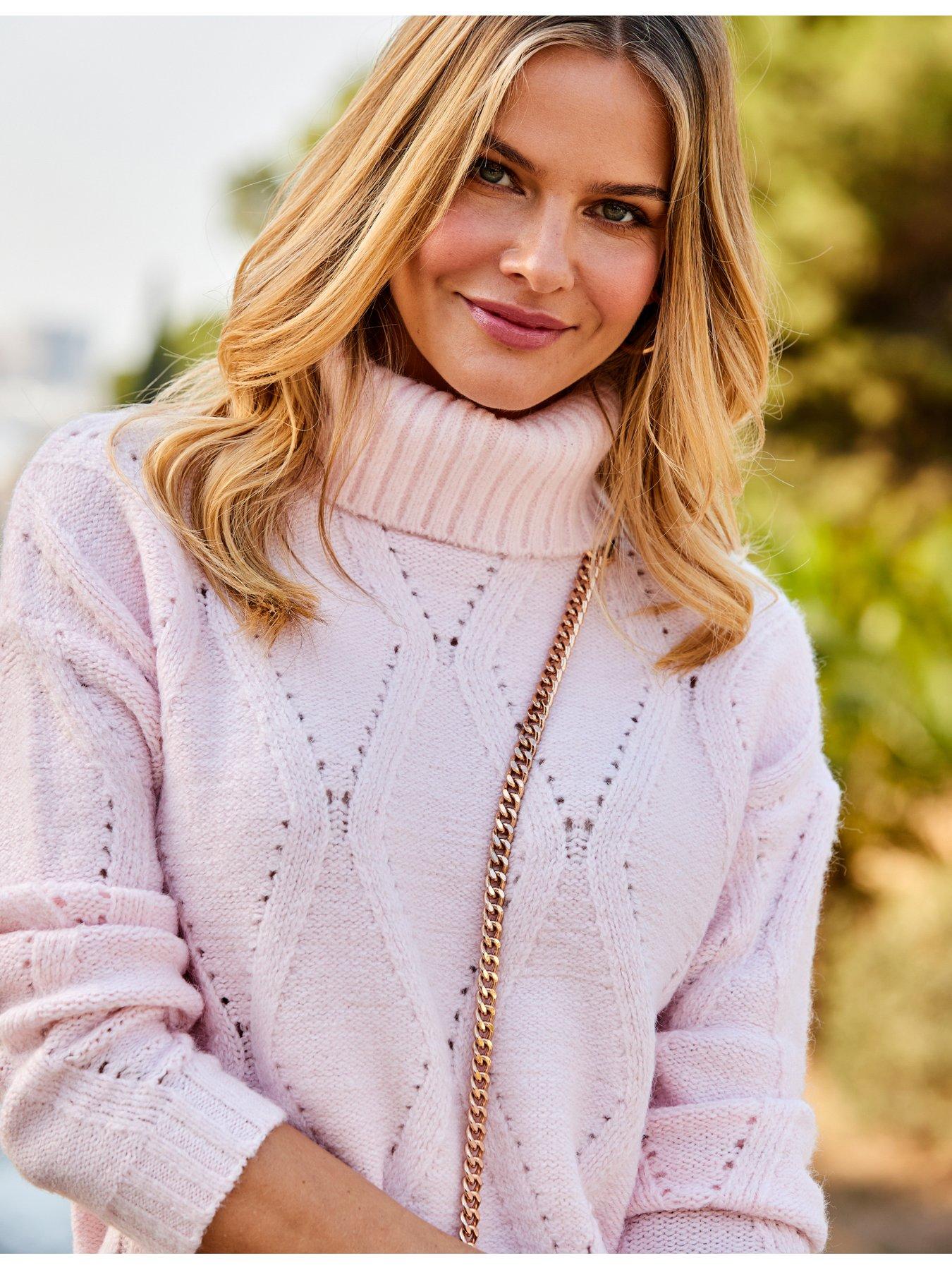 Image 4 of 6 of Sosandar Roll Neck Pointelle Jumper - Pink
