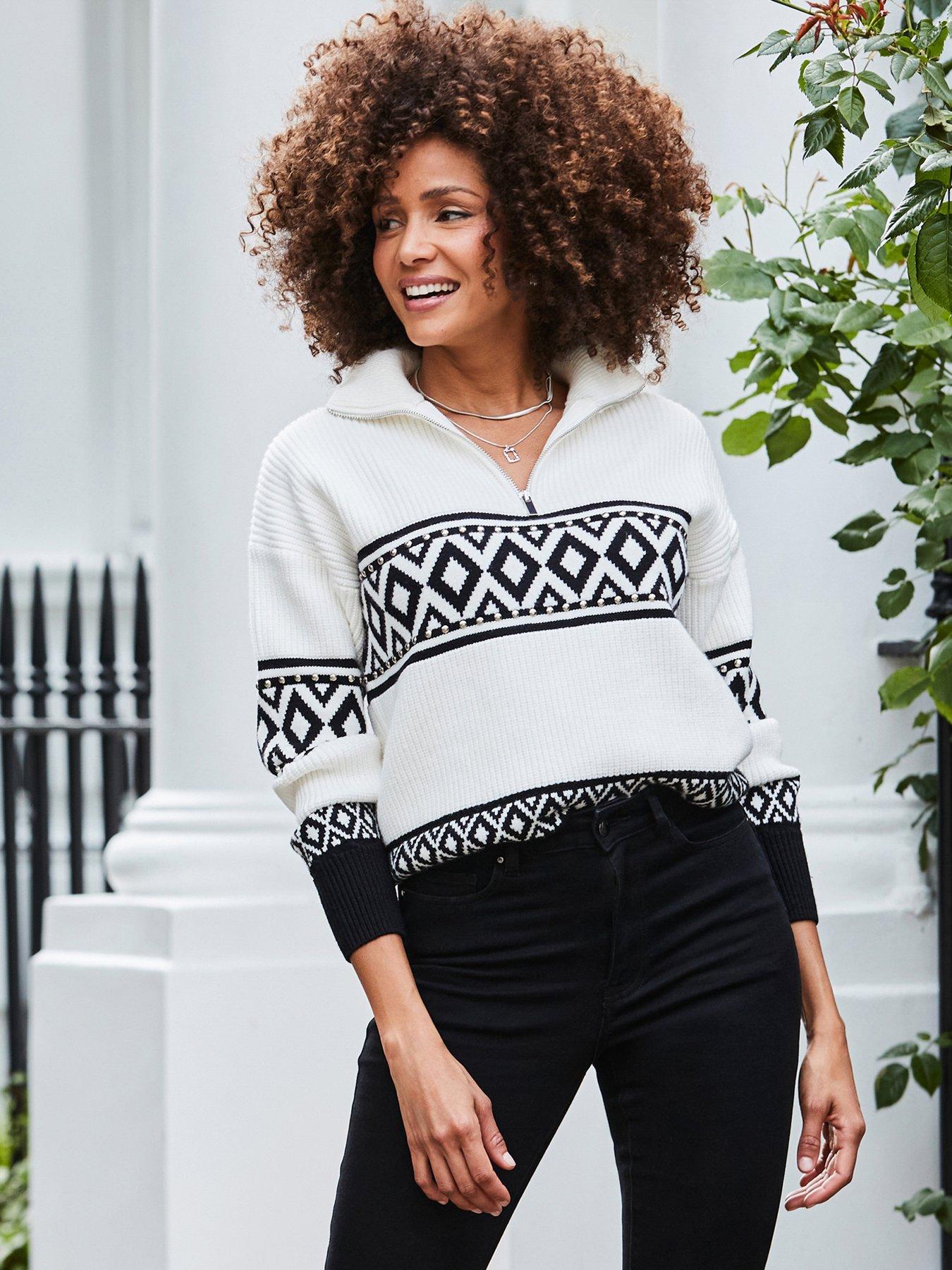 sosandar-zip-neck-aztec-stud-detail-jumper-whiteblack