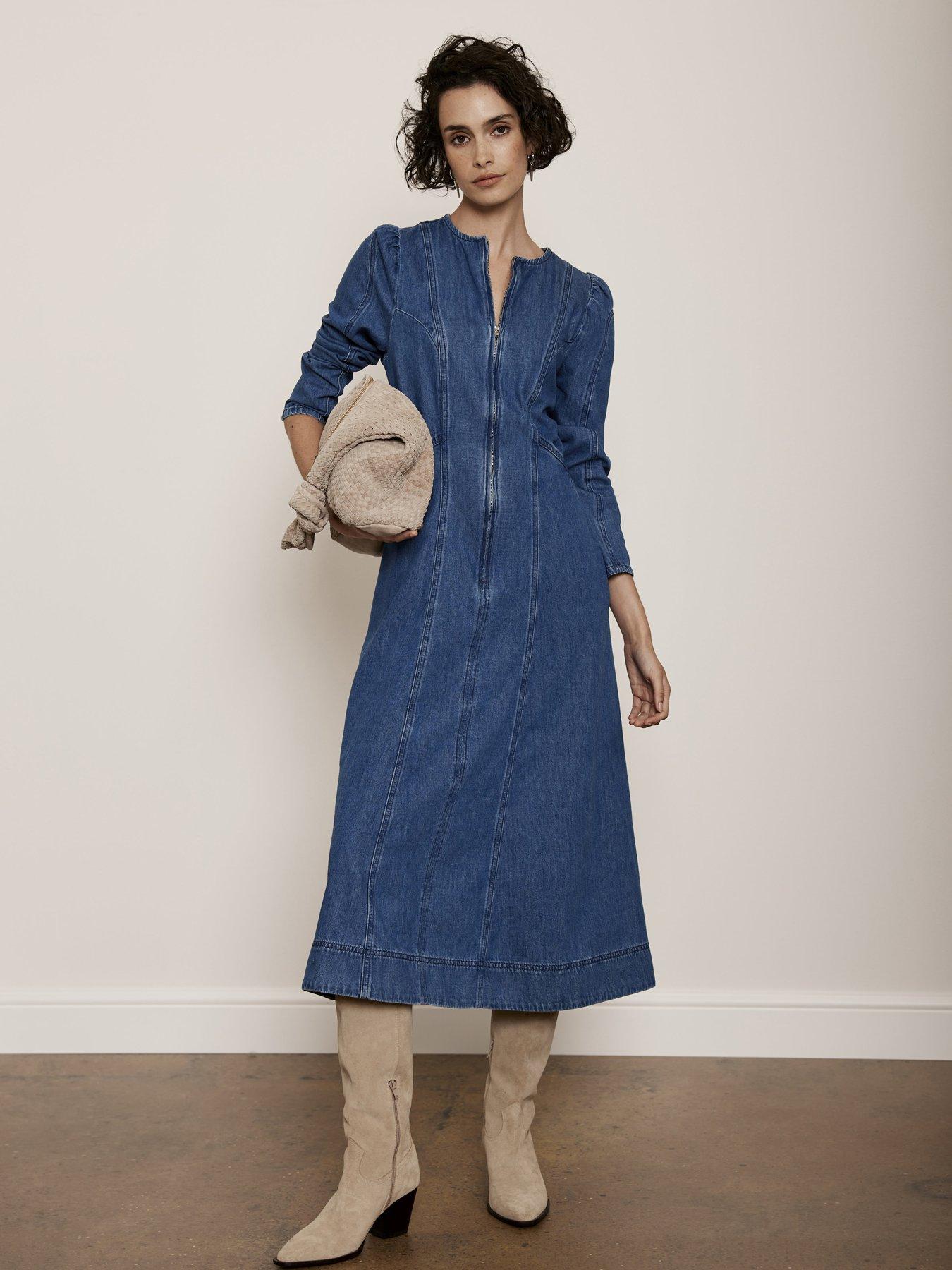 undefined Puff Sleeve Denim Midi Dress