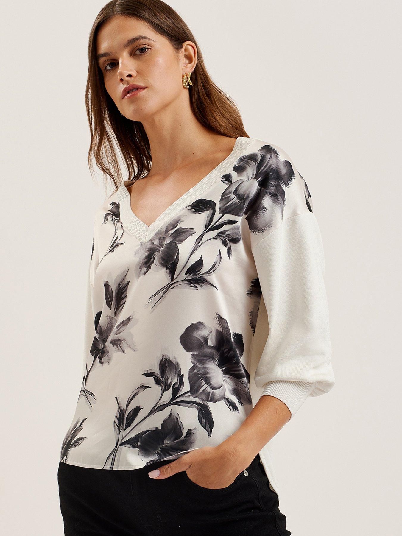 ted-baker-joiee-v-neck-printed-woven-front-jumper-off-white