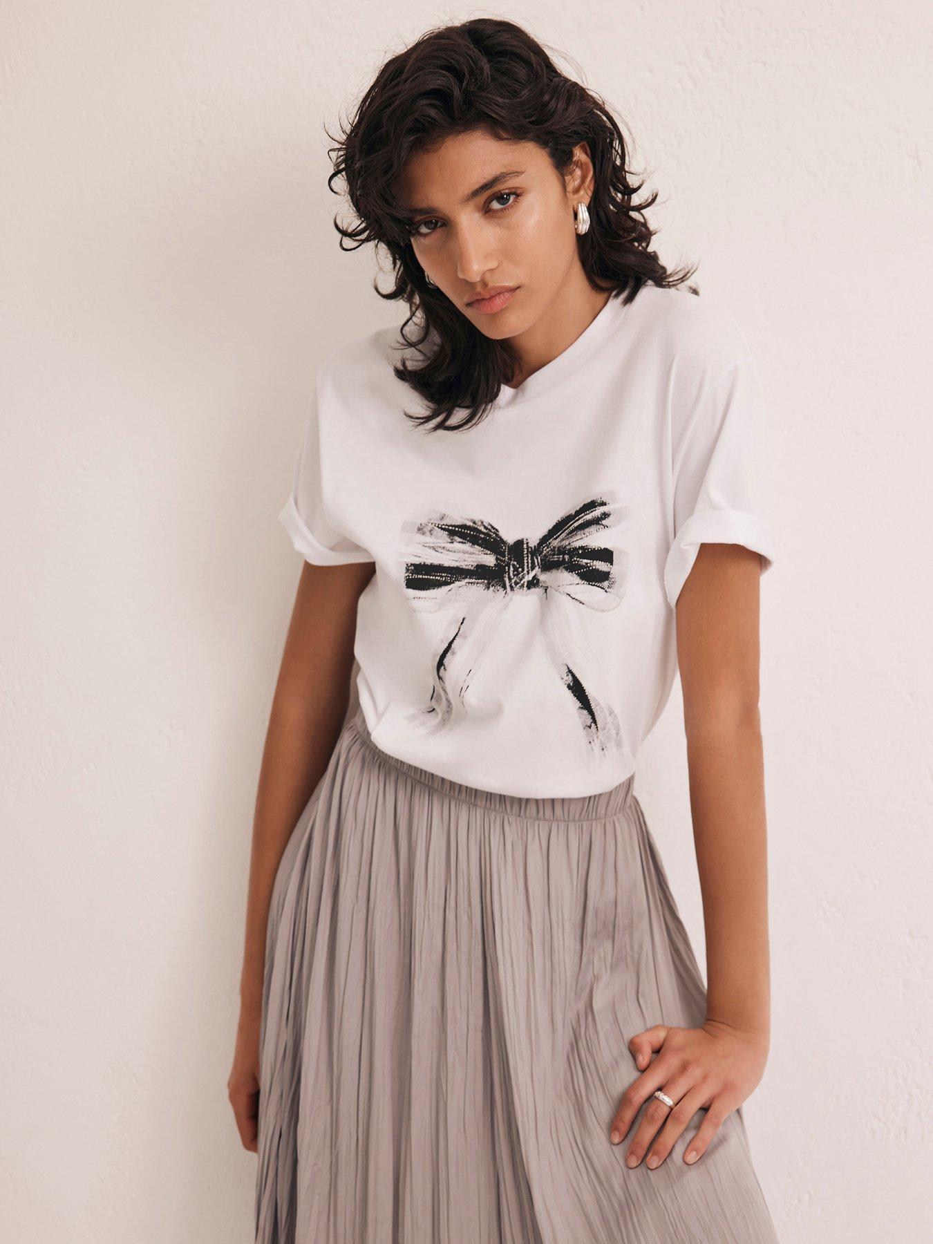 Image 1 of 5 of Mint Velvet White Bow Motif T-Shirt