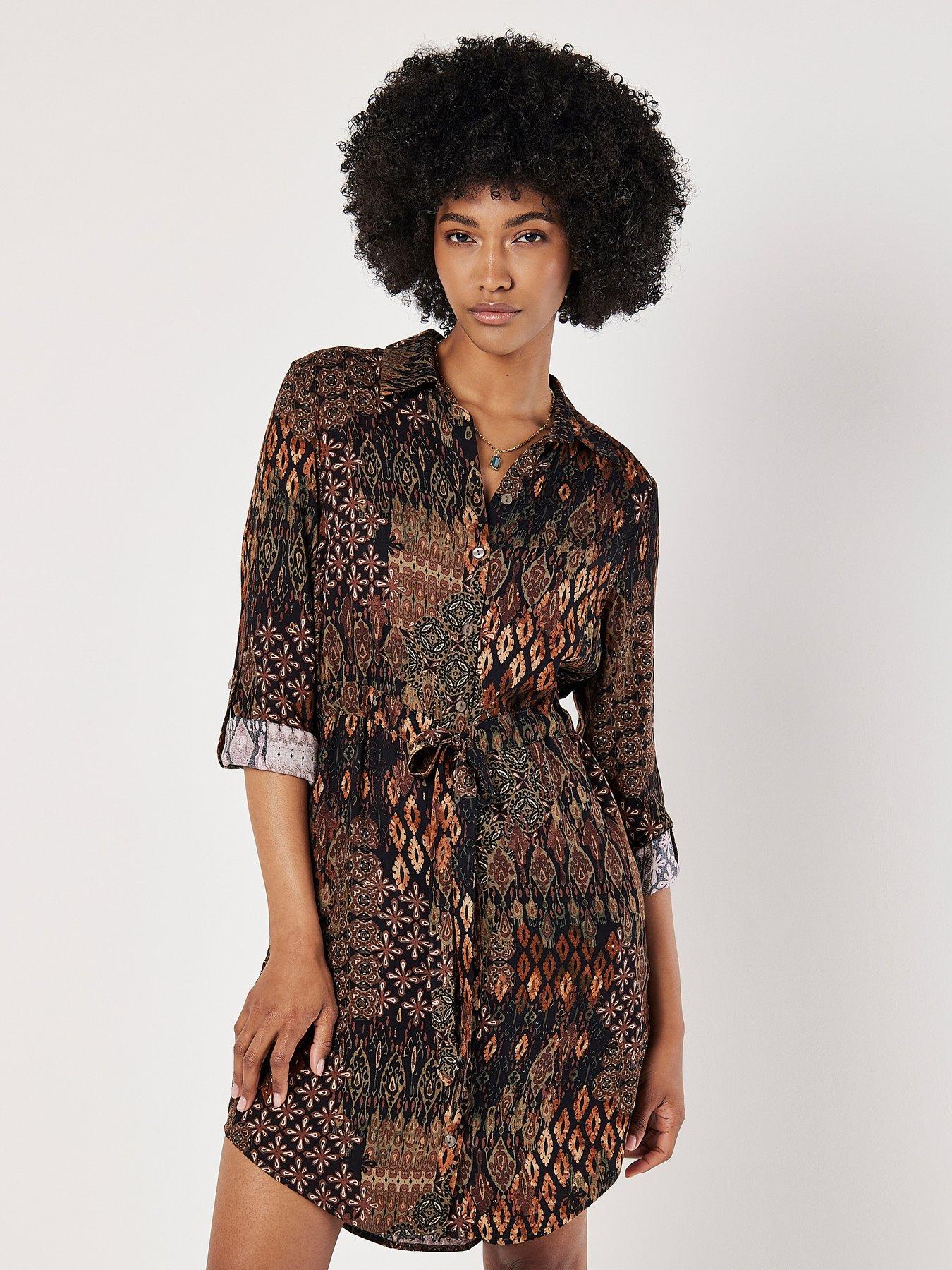 apricot-tribal-ikat-patchwork-shirt-dress