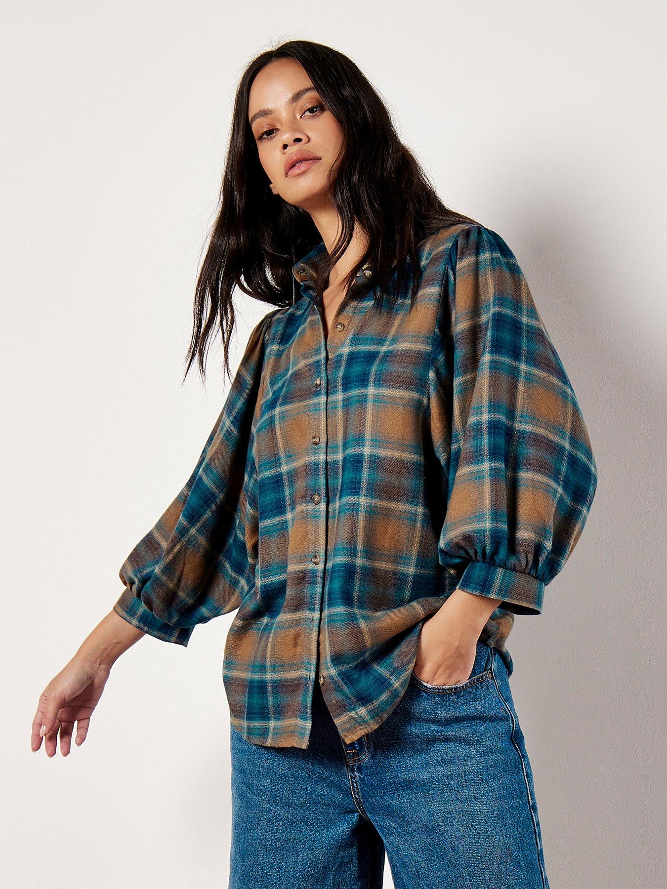 apricot-soft-plaid-volume-sleeve-shirt