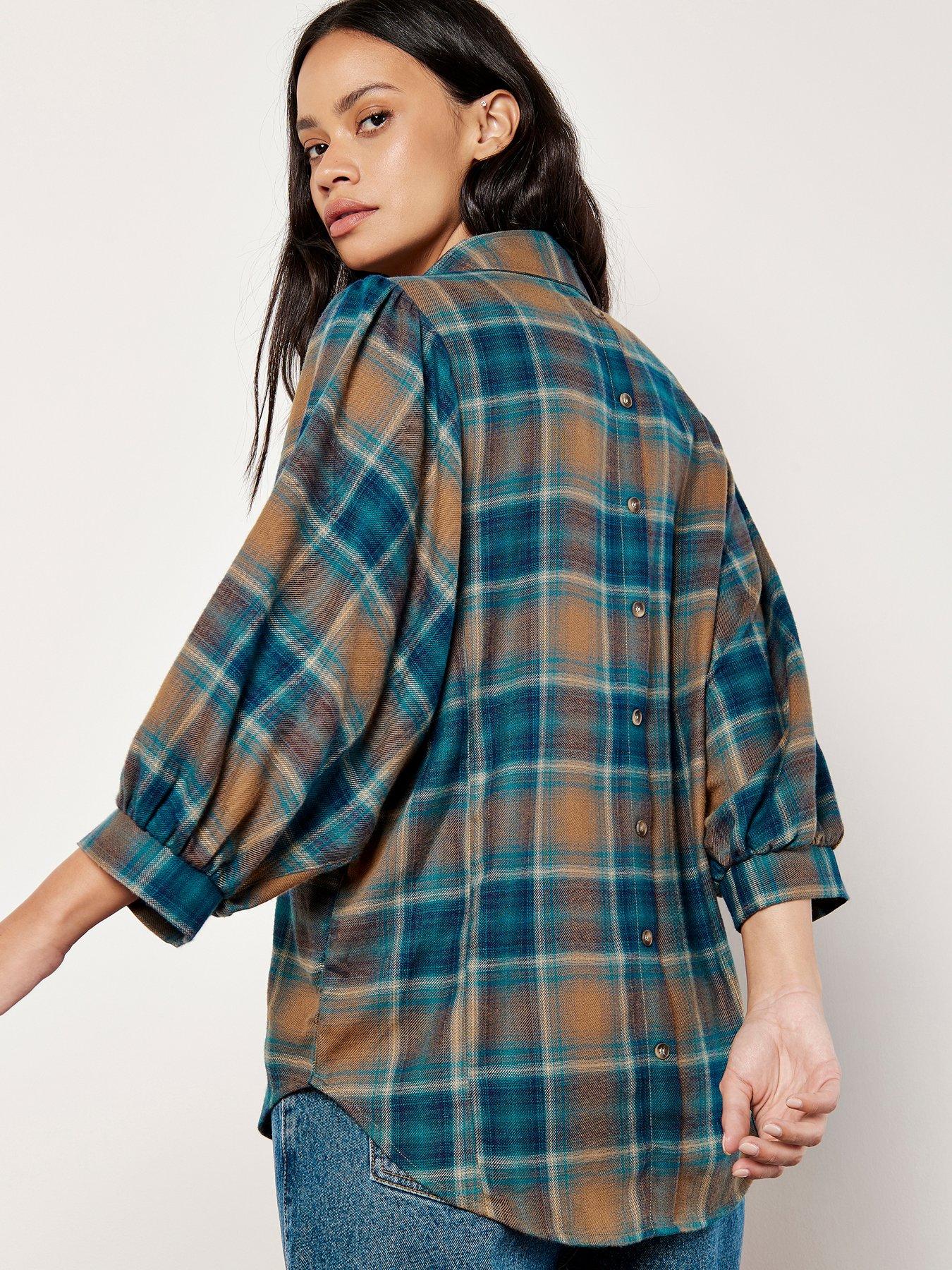 apricot-soft-plaid-volume-sleeve-shirtstillFront