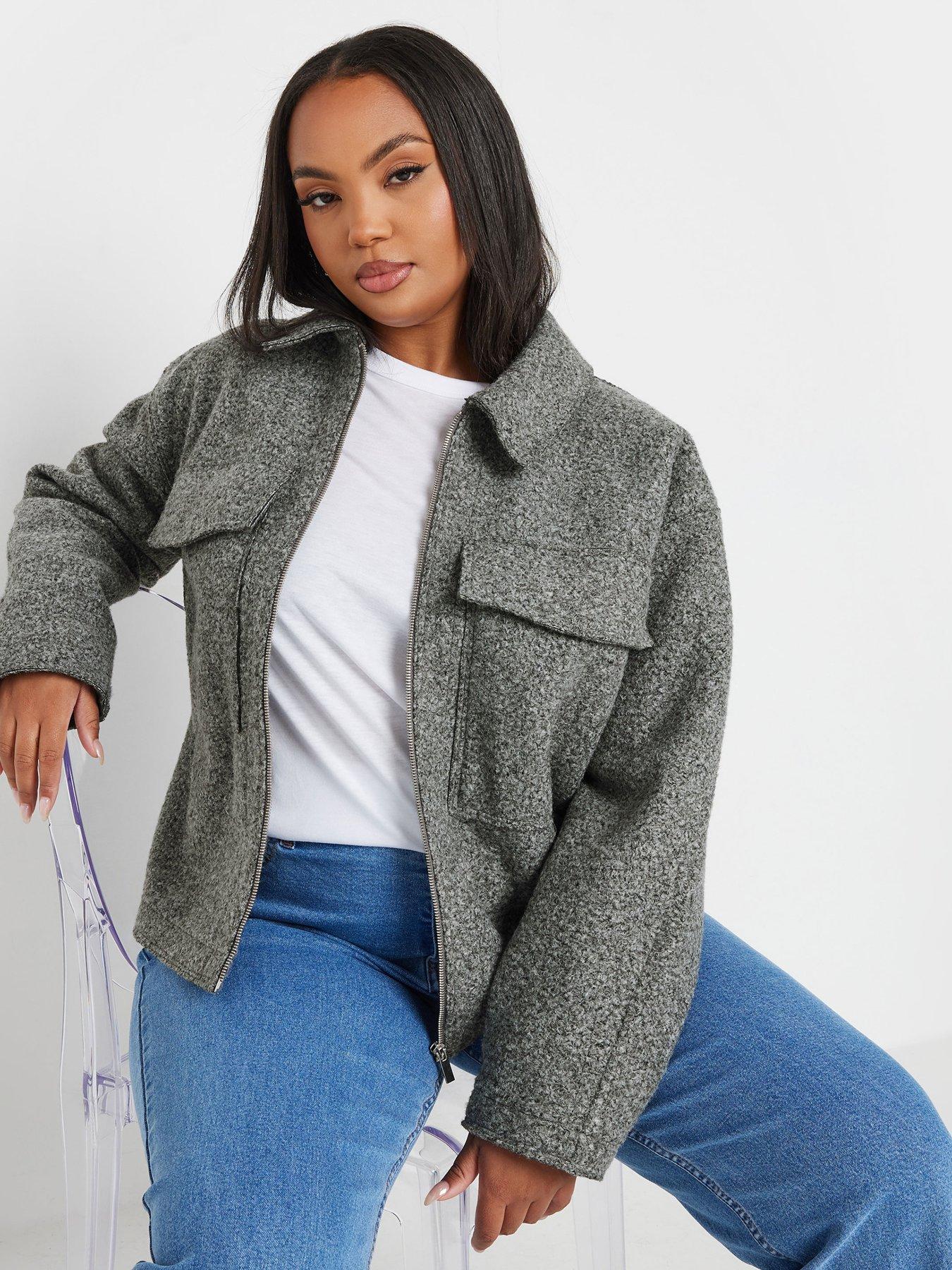 Yours Curve Wool Cropped Centre Front Jacket - Grey