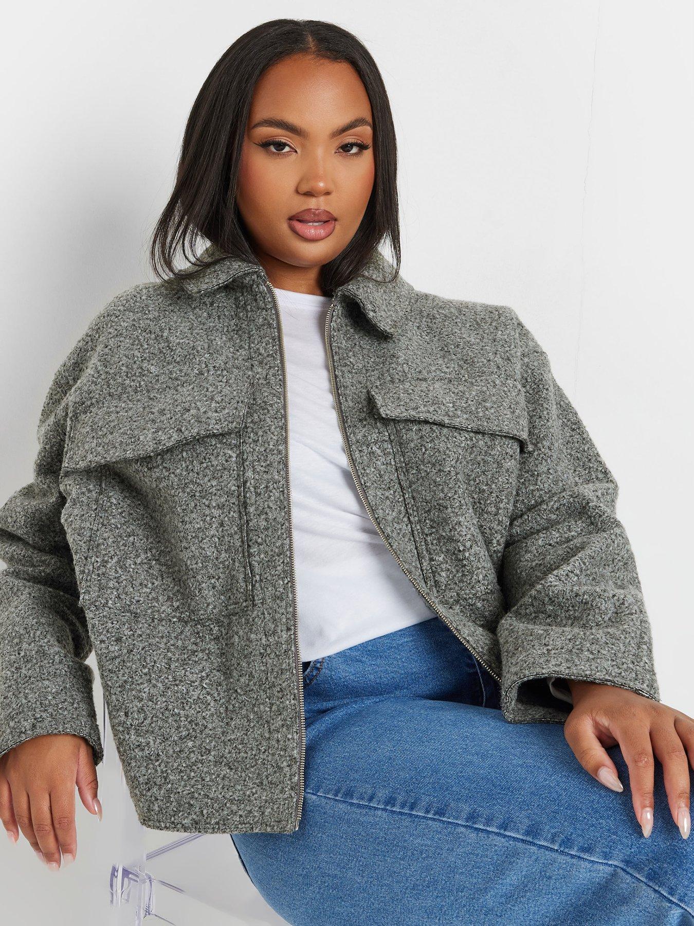 Image 4 of 4 of Yours Curve Wool Cropped Centre Front Jacket - Grey