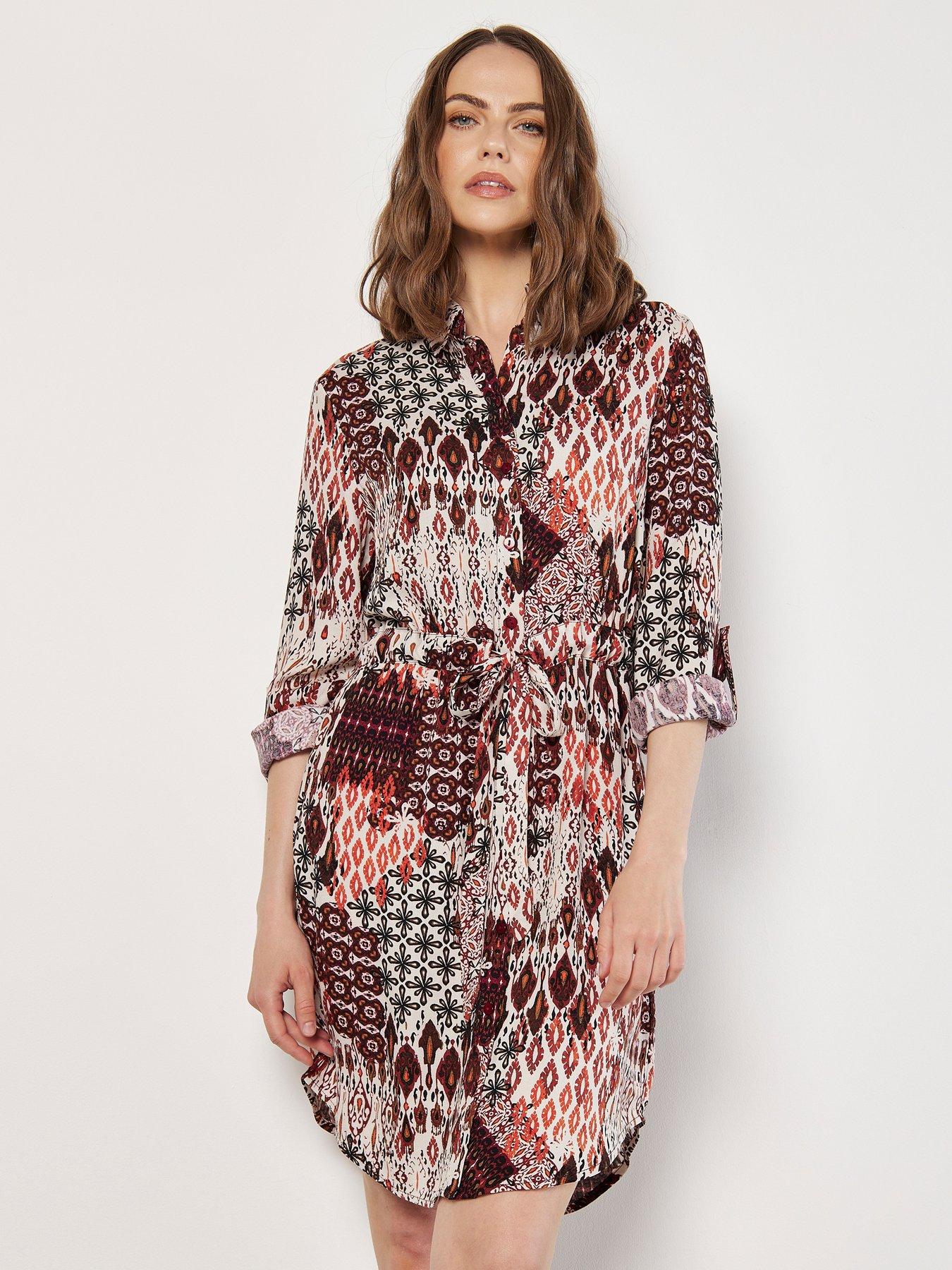 apricot-tribal-ikat-patchwork-shirt-dress