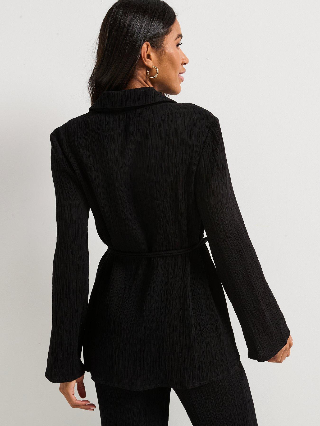 Image 2 of 6 of V by Very Crinkle Tie Waist Longline Shirt - Black